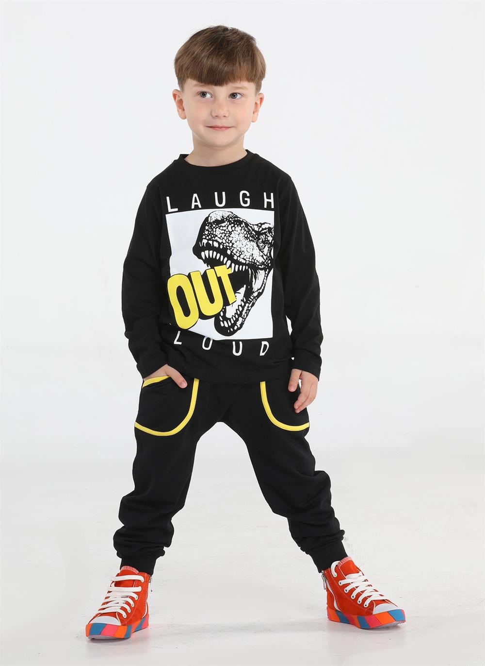 Out Dino Siyah Baggy Pantolon + T-shirt Takım - Casabony Kids