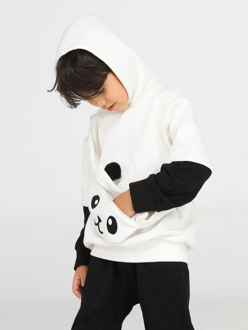 Panda Unisex Mobil Çantalı Krem Sweatshirt - Casabony Kids
