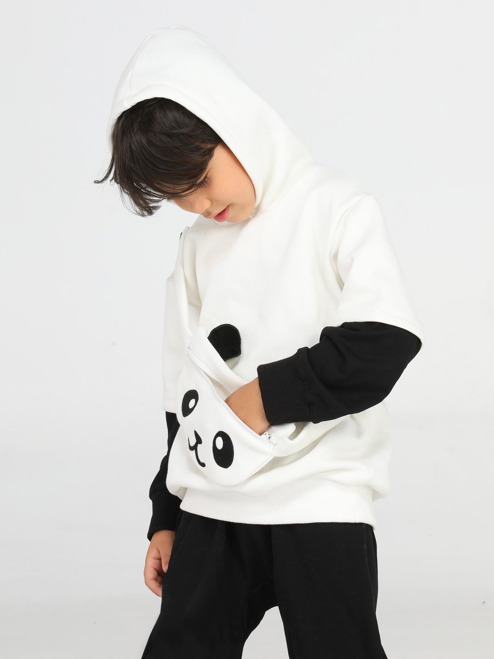 Panda Unisex Mobil Çantalı Krem Sweatshirt - Casabony Kids
