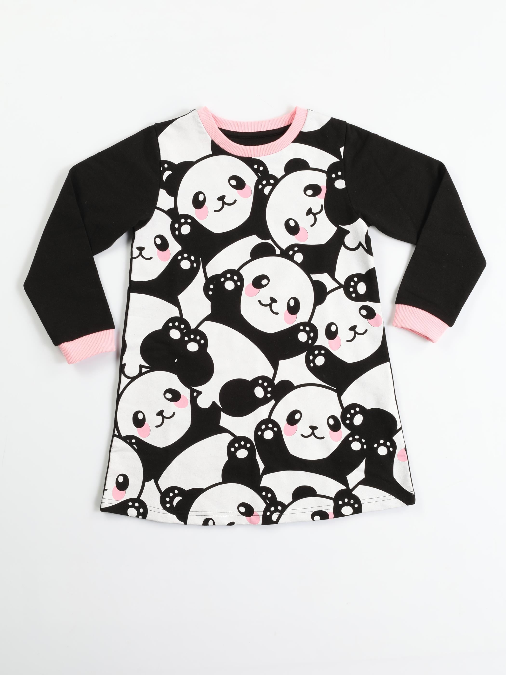 Pandas Kız Çocuk Baskılı Siyah Elbise - Casabony Kids