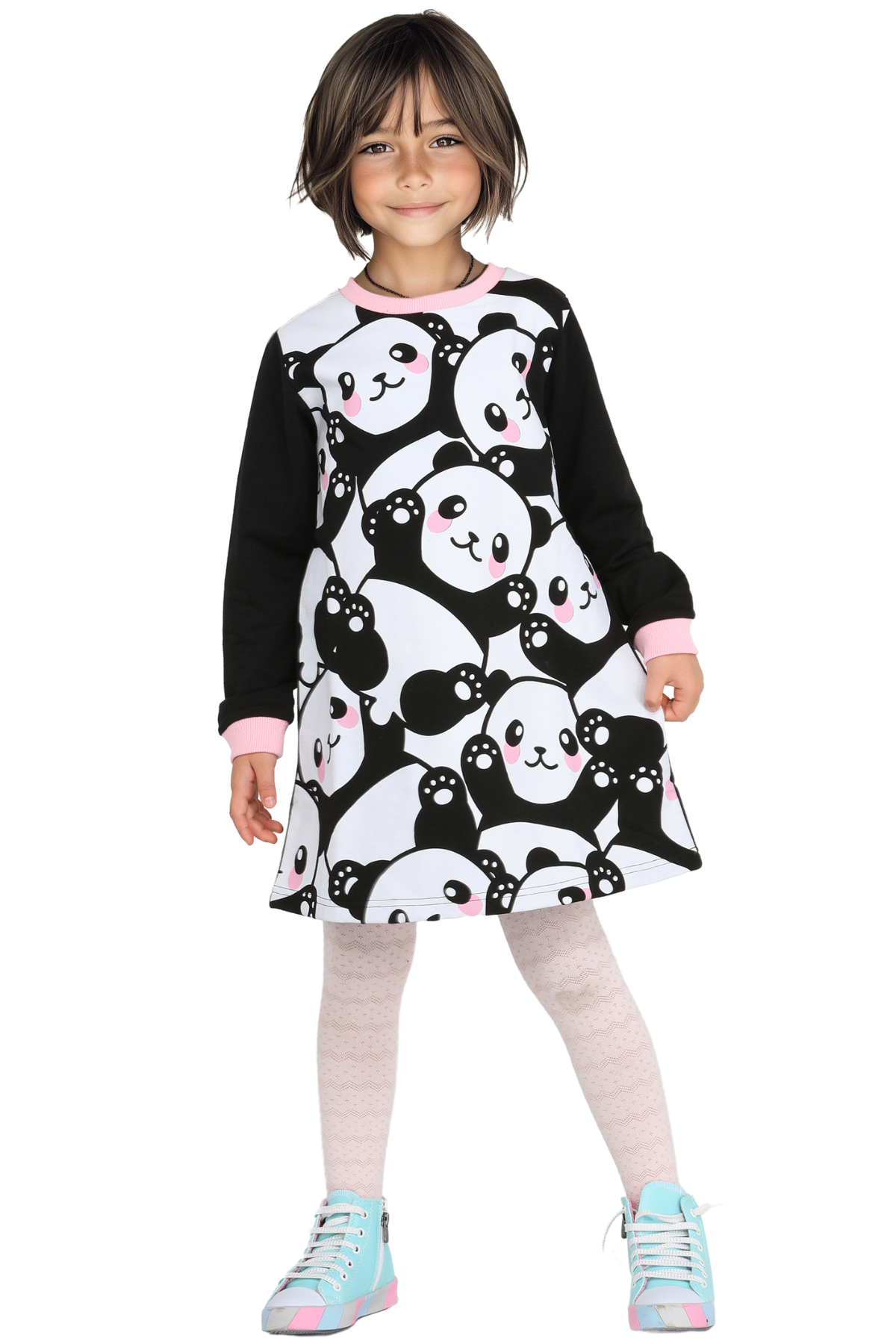 Pandas Kız Çocuk Baskılı Siyah Elbise - Casabony Kids
