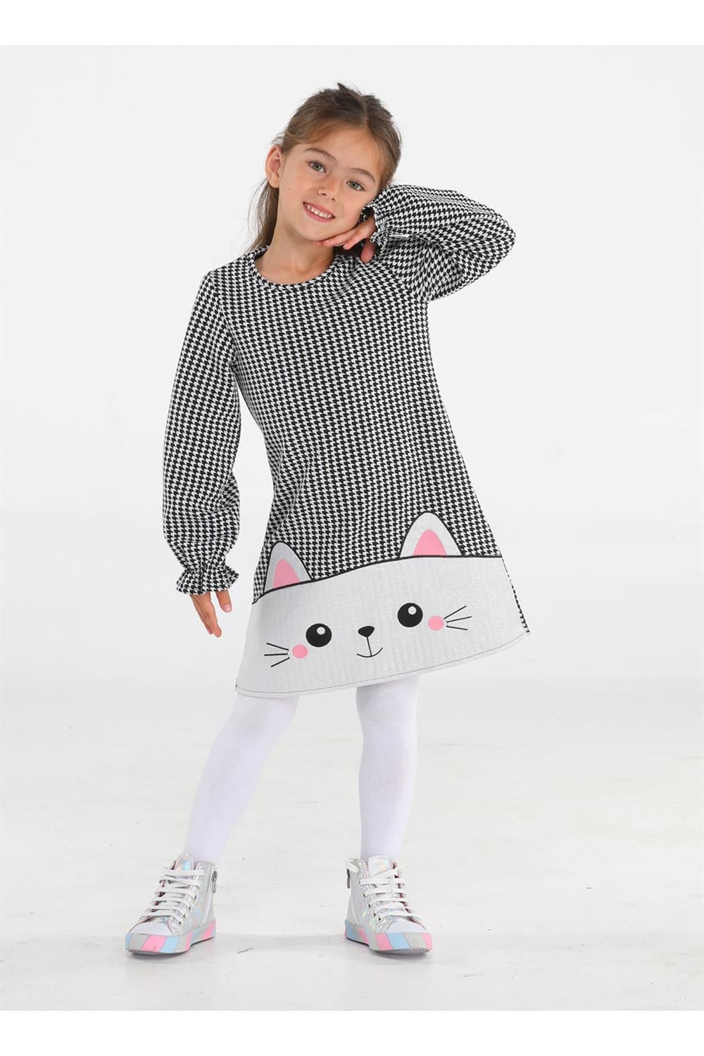 Parlak Kedi Nakışlı Kazayağı Kız Elbise - Casabony Kids