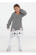 Parlak Kedi Nakışlı Kazayağı Kız Elbise - Casabony Kids