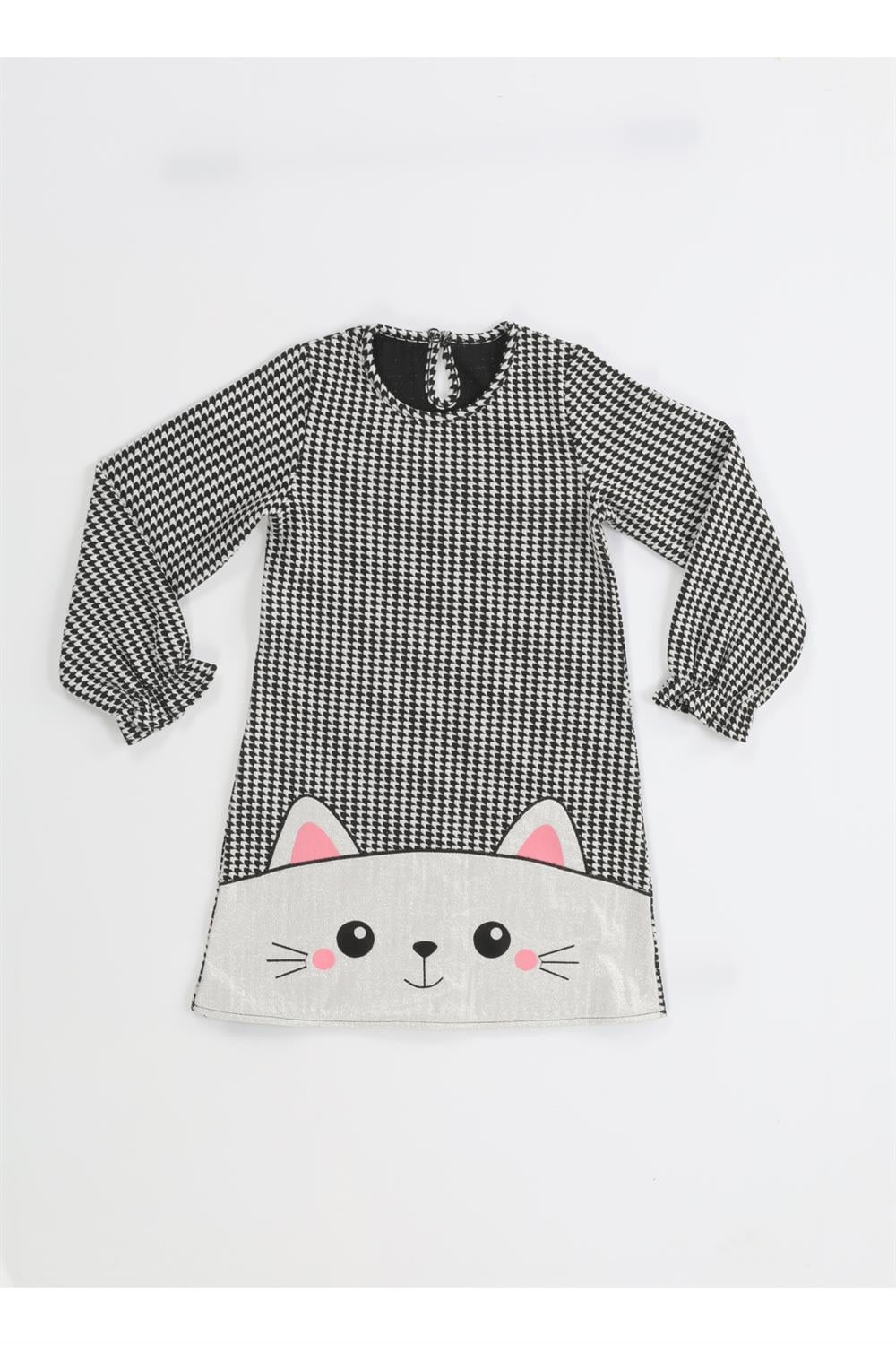 Parlak Kedi Nakışlı Kazayağı Kız Elbise - Casabony Kids