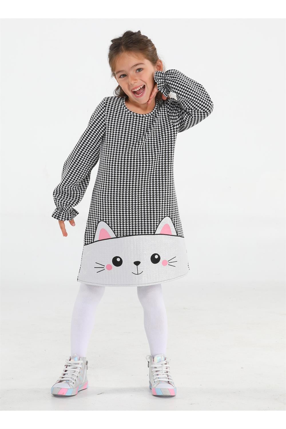 Parlak Kedi Nakışlı Kazayağı Kız Elbise - Casabony Kids