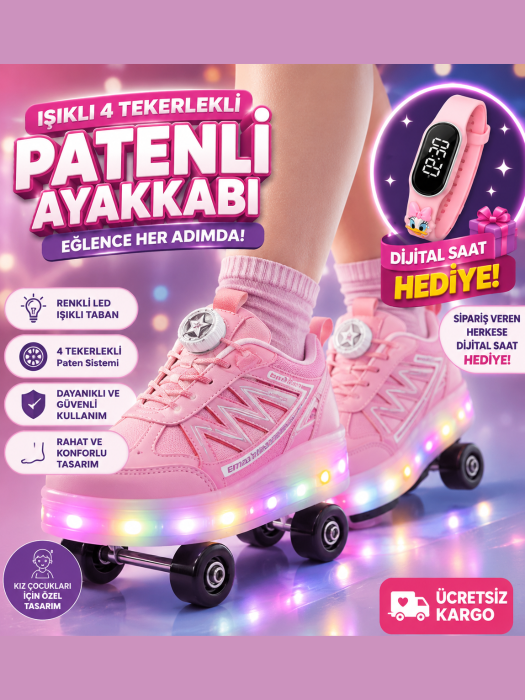 Patenli Kız Çocuk Ayakkabı PEMBE - LİLA Tak Çıkar Tekerlekler - Casabony Kids