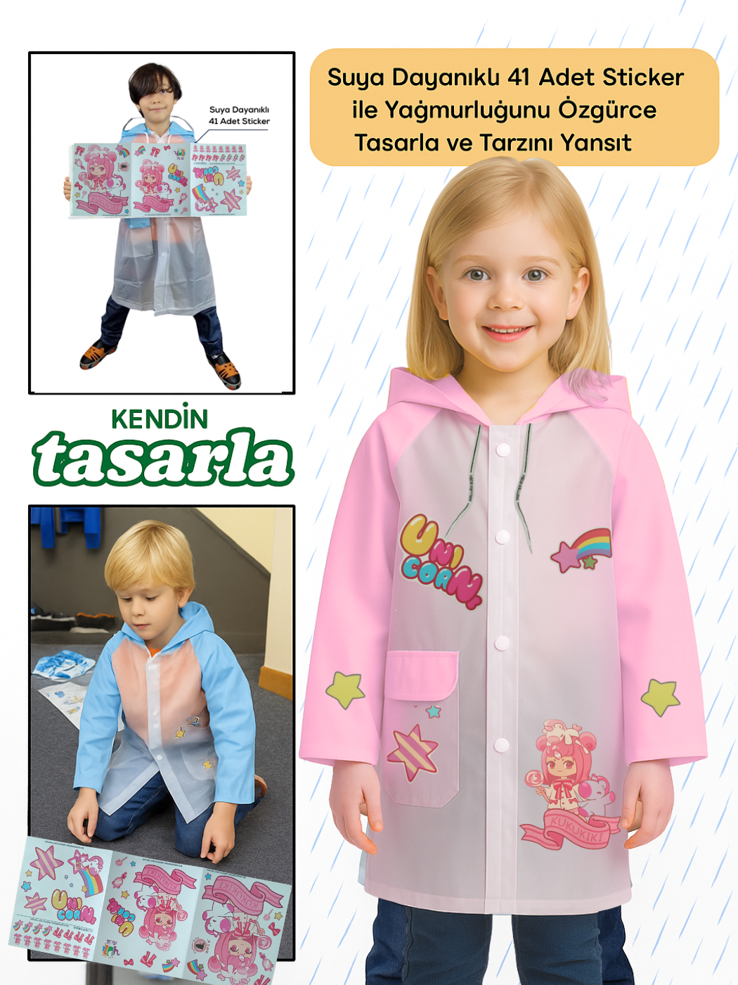 Pembe Kendin Tasarla Kız Çocuk Yağmurluk - Casabony Kids