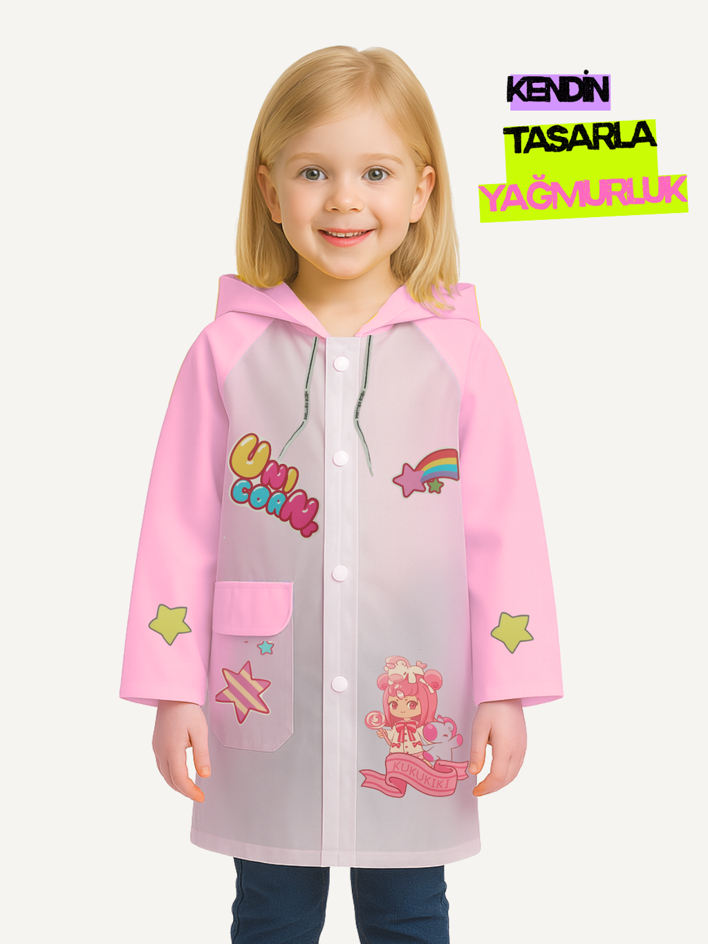 Pembe Kendin Tasarla Kız Çocuk Yağmurluk - Casabony Kids