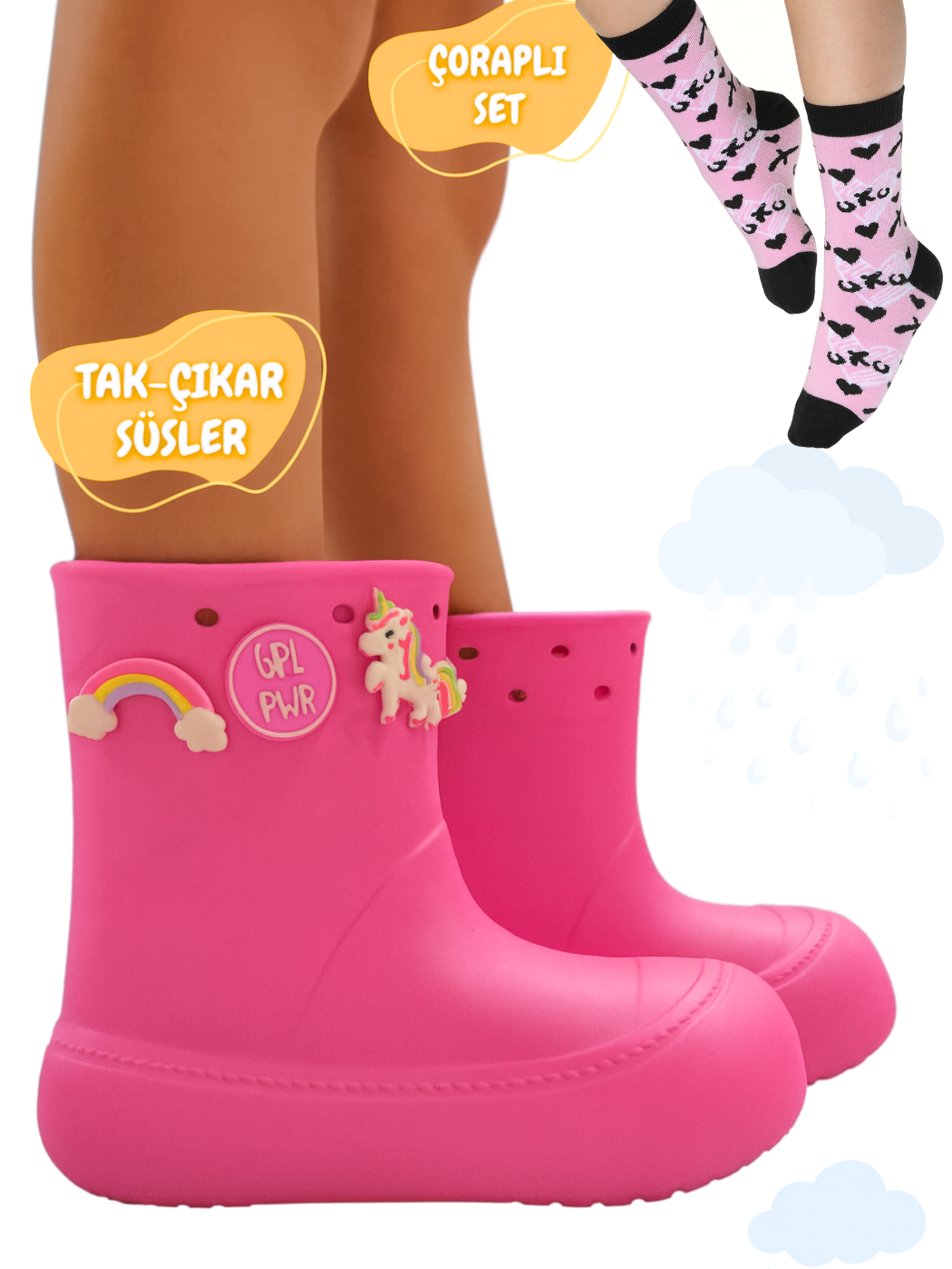 Pembe Kız Yağmur Botu & Pamuklu Çorap Takım - Casabony Kids