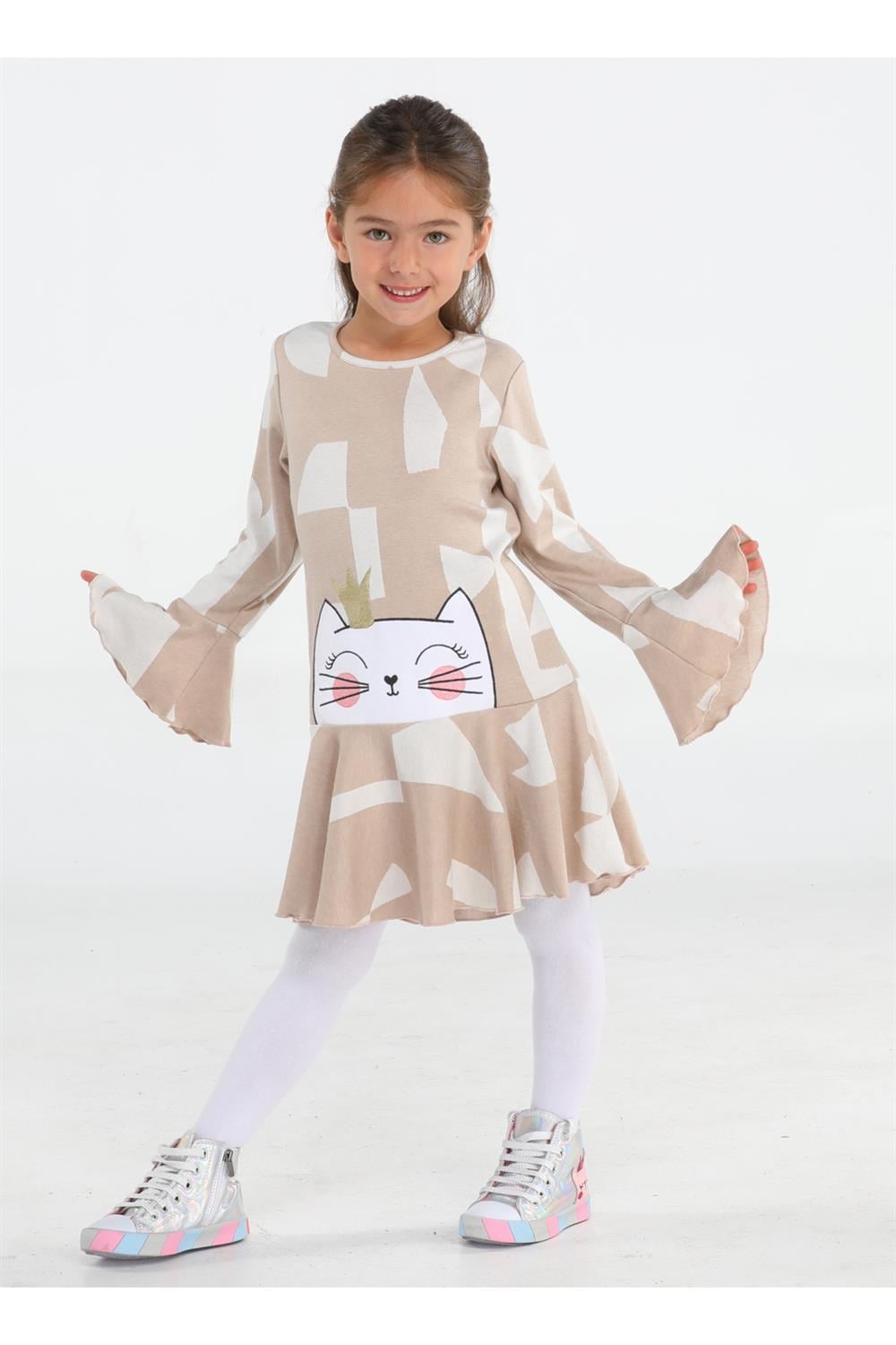 Princess Bej Fırfırlı Kız Çocuk Elbise - Casabony Kids