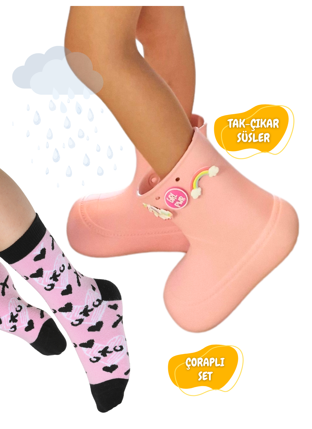 Pudra Yağmur Botu + Xo Çoraplı Set - Casabony Kids