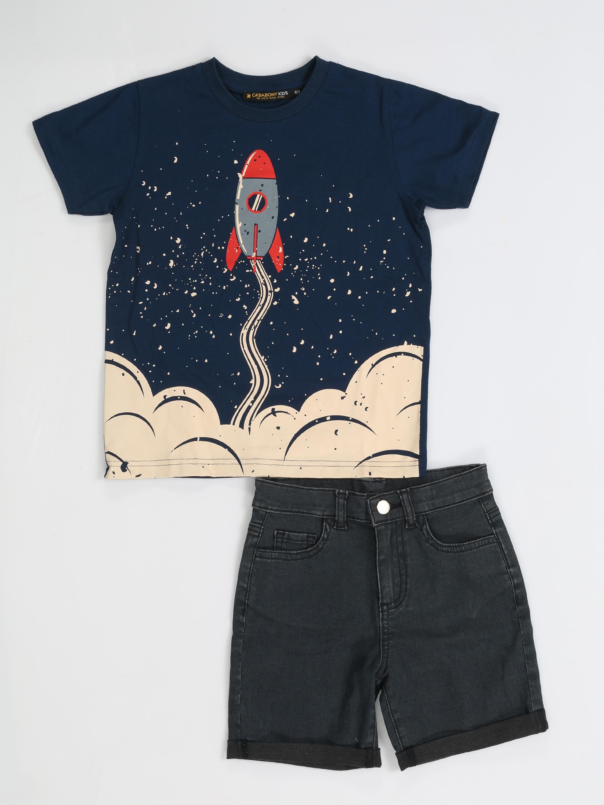 Rocket Denim Şort + T-Shirt Takım - Casabony Kids