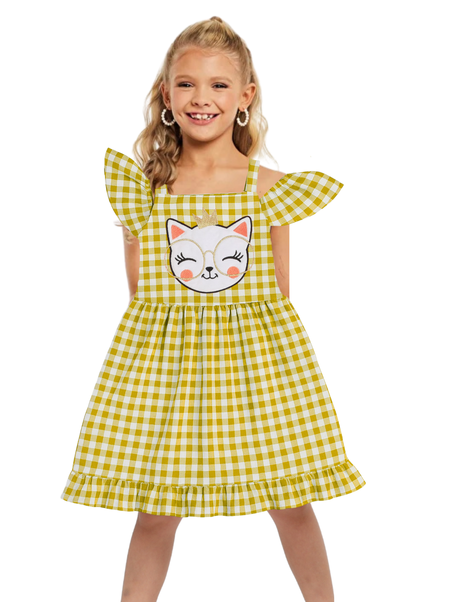 Sarı Ekoseli Fırfırlı Kız Çocuk Elbise - Casabony Kids
