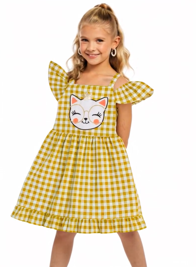 Sarı Ekoseli Fırfırlı Kız Çocuk Elbise - Casabony Kids