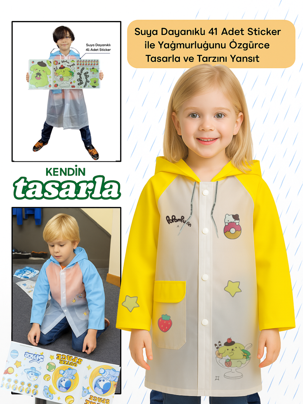 Sarı Kendin Tasarla Kız Çocuk Yağmurluk - Casabony Kids