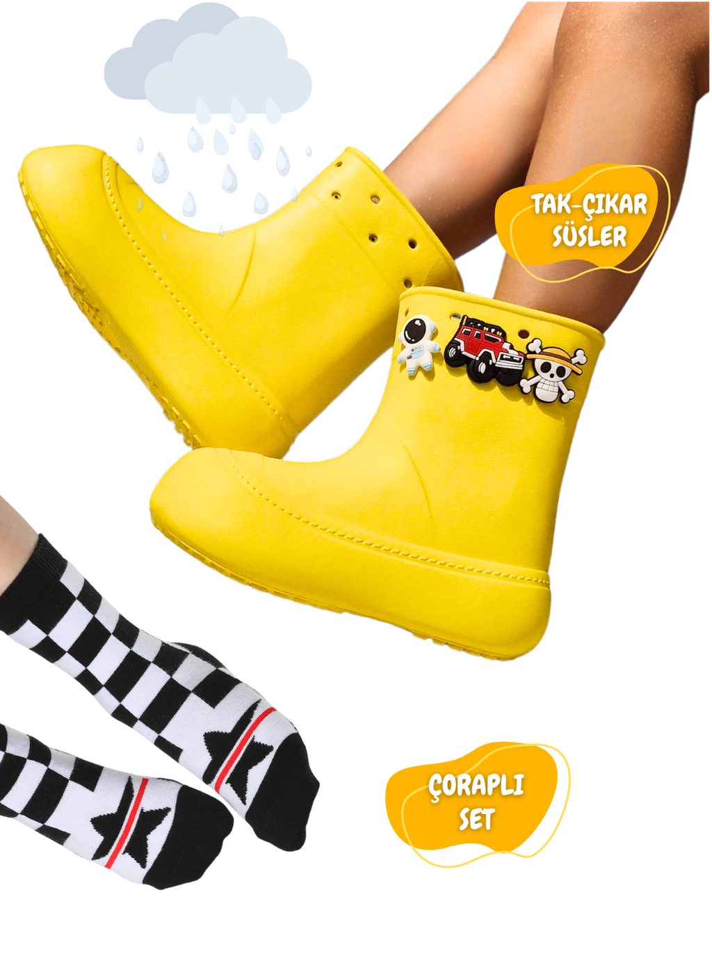 Sarı Yağmur Botu + Giraffe Çoraplı Set - Casabony Kids