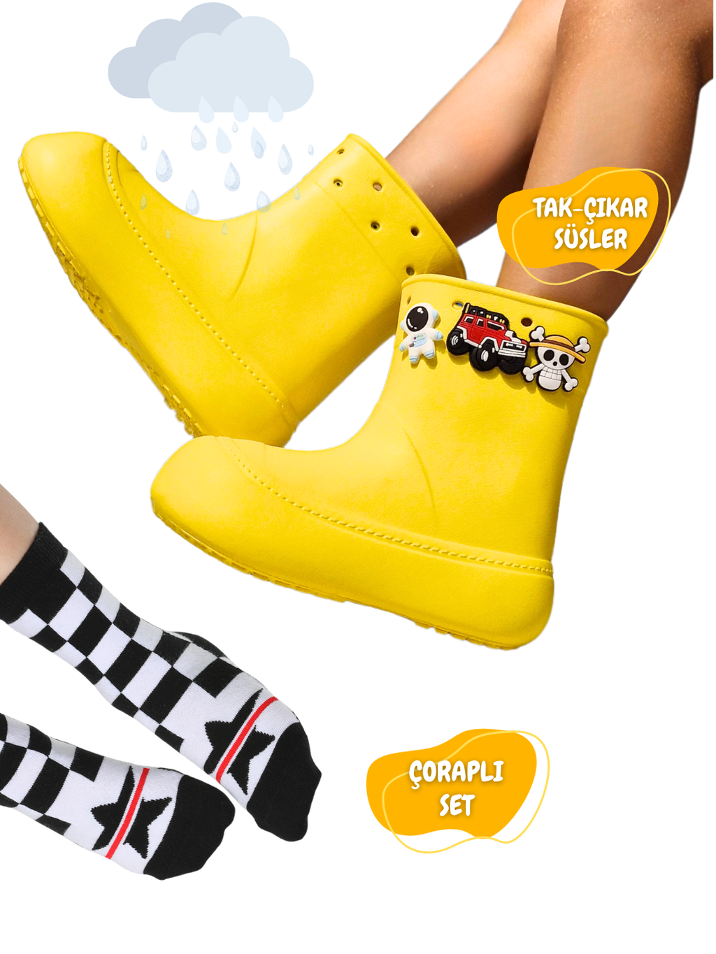 Sarı Yağmur Botu + Giraffe Çoraplı Set - Casabony Kids