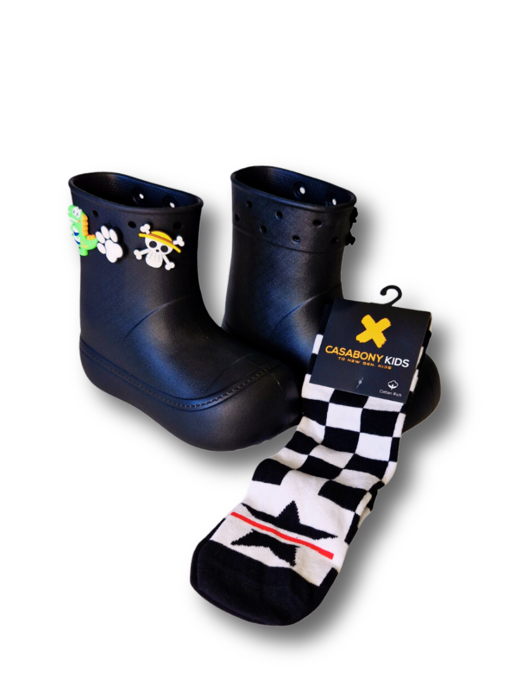 Siyah Yağmur Botu + Süper Star Çoraplı Set - Casabony Kids