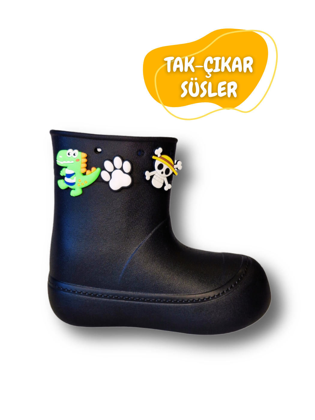 Siyah Yağmur Botu + Süper Star Çoraplı Set - Casabony Kids