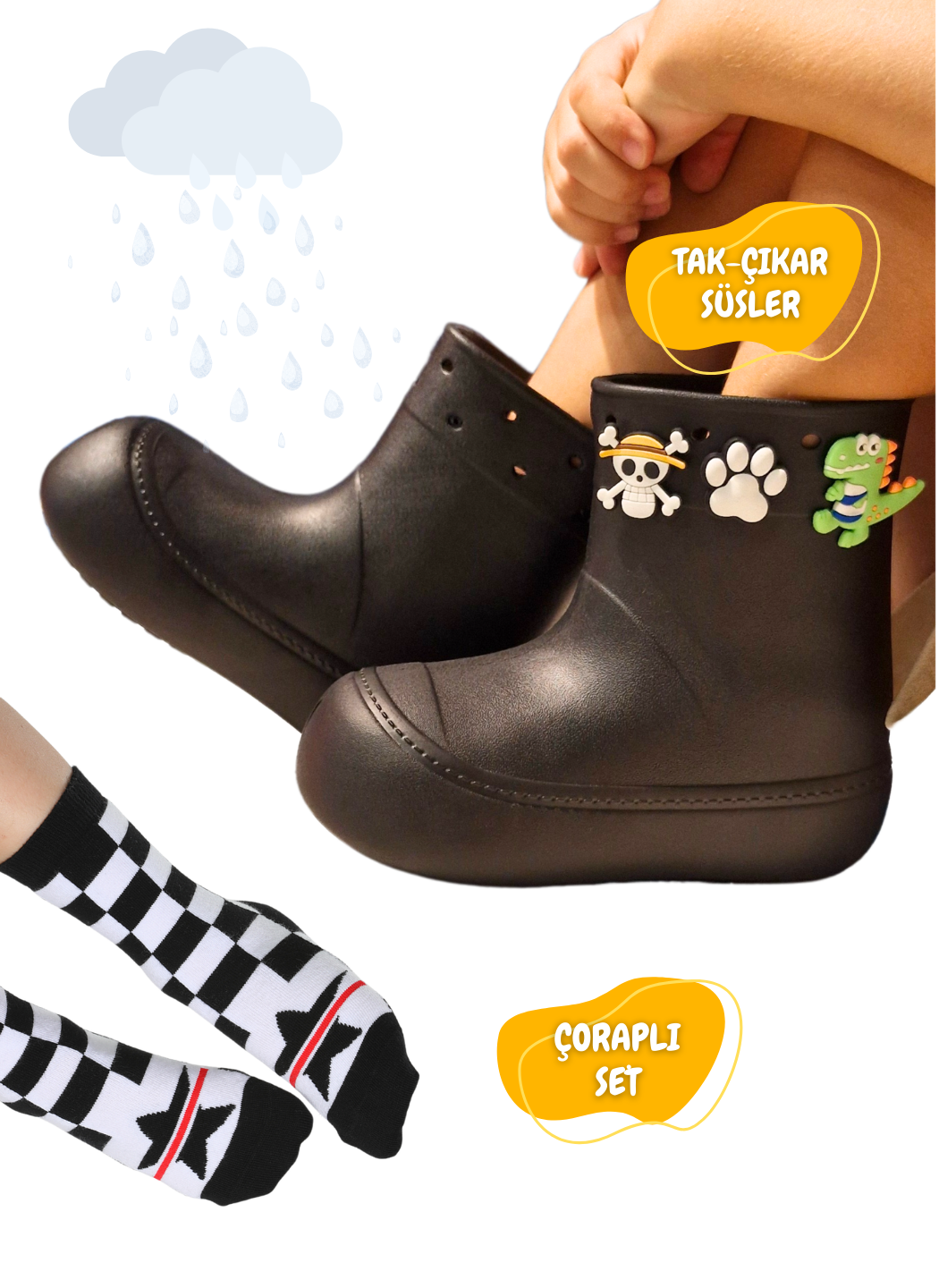 Siyah Yağmur Botu + Süper Star Çoraplı Set - Casabony Kids