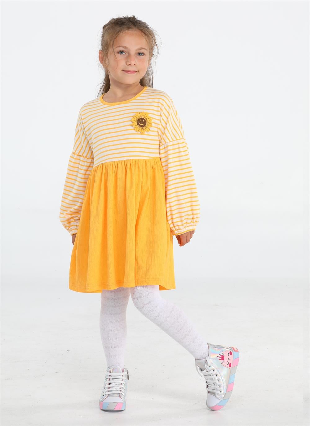 Sunflower Sarı Çizgili Kız Elbise - Casabony Kids
