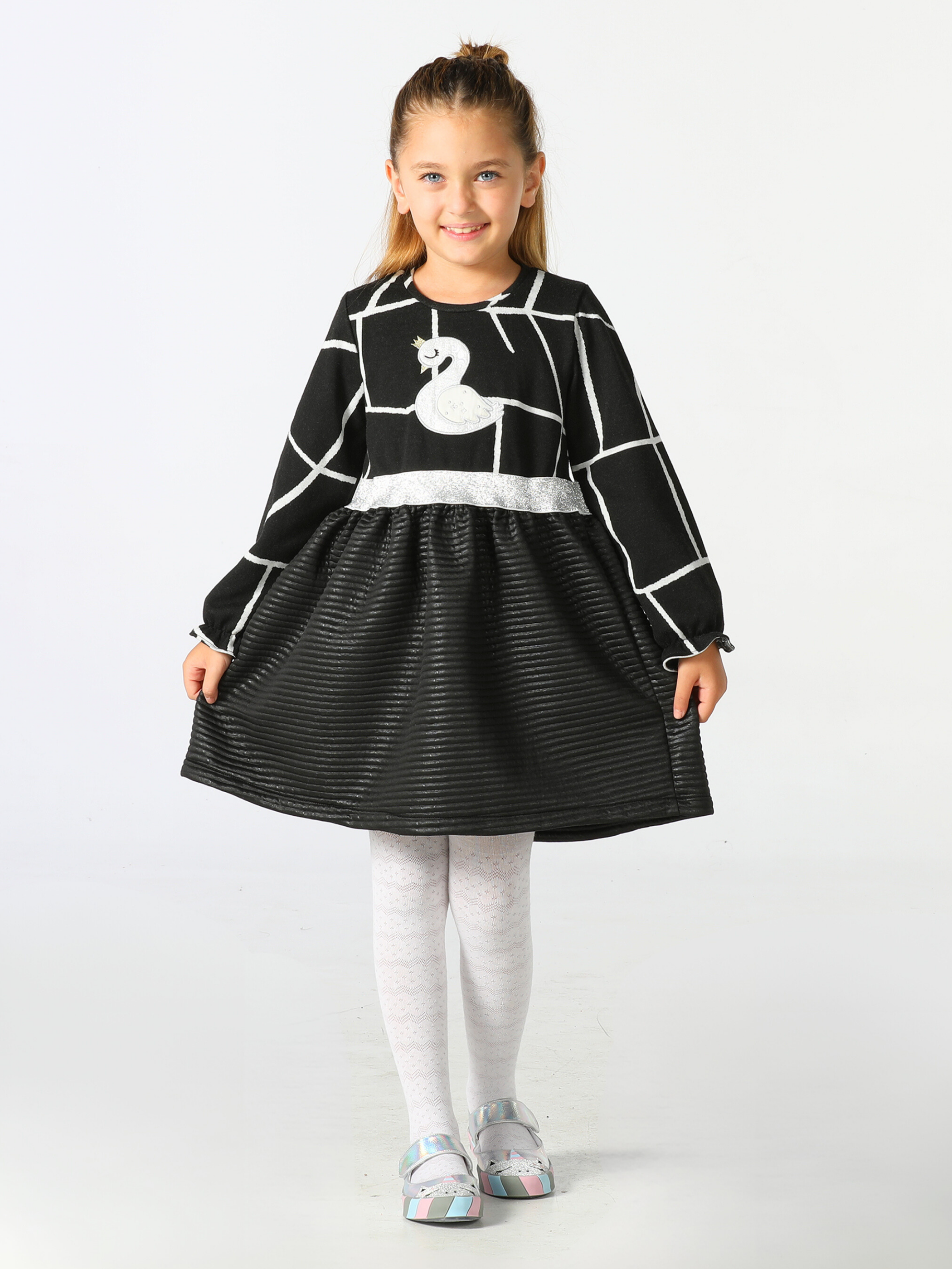 Swan Jakarlı Siyah Kız Çocuk Elbise - Casabony Kids