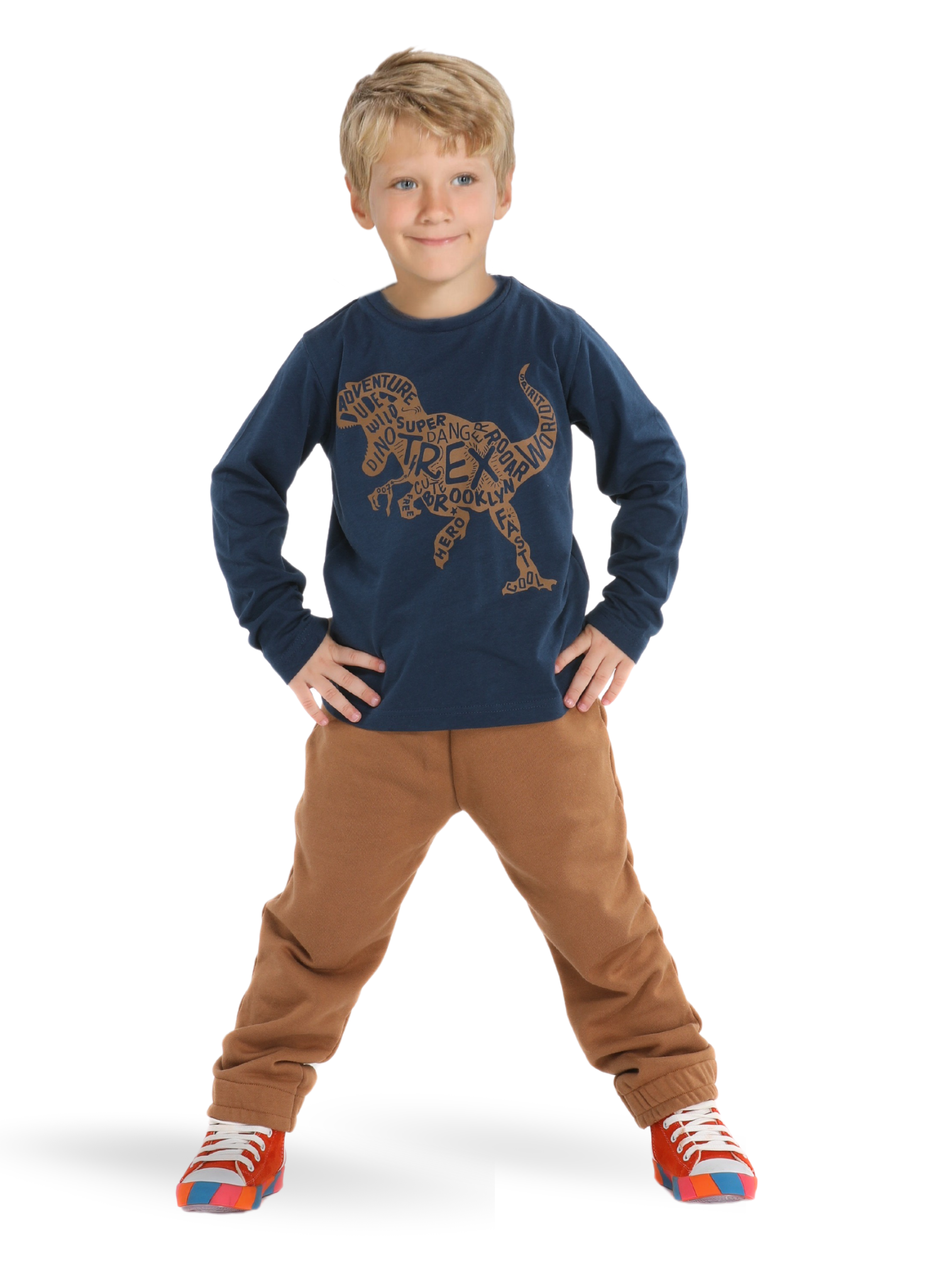 T-Rex Baskılı Jogger Pantolon + Uzun Kol -T-shirt Takım - Casabony Kids
