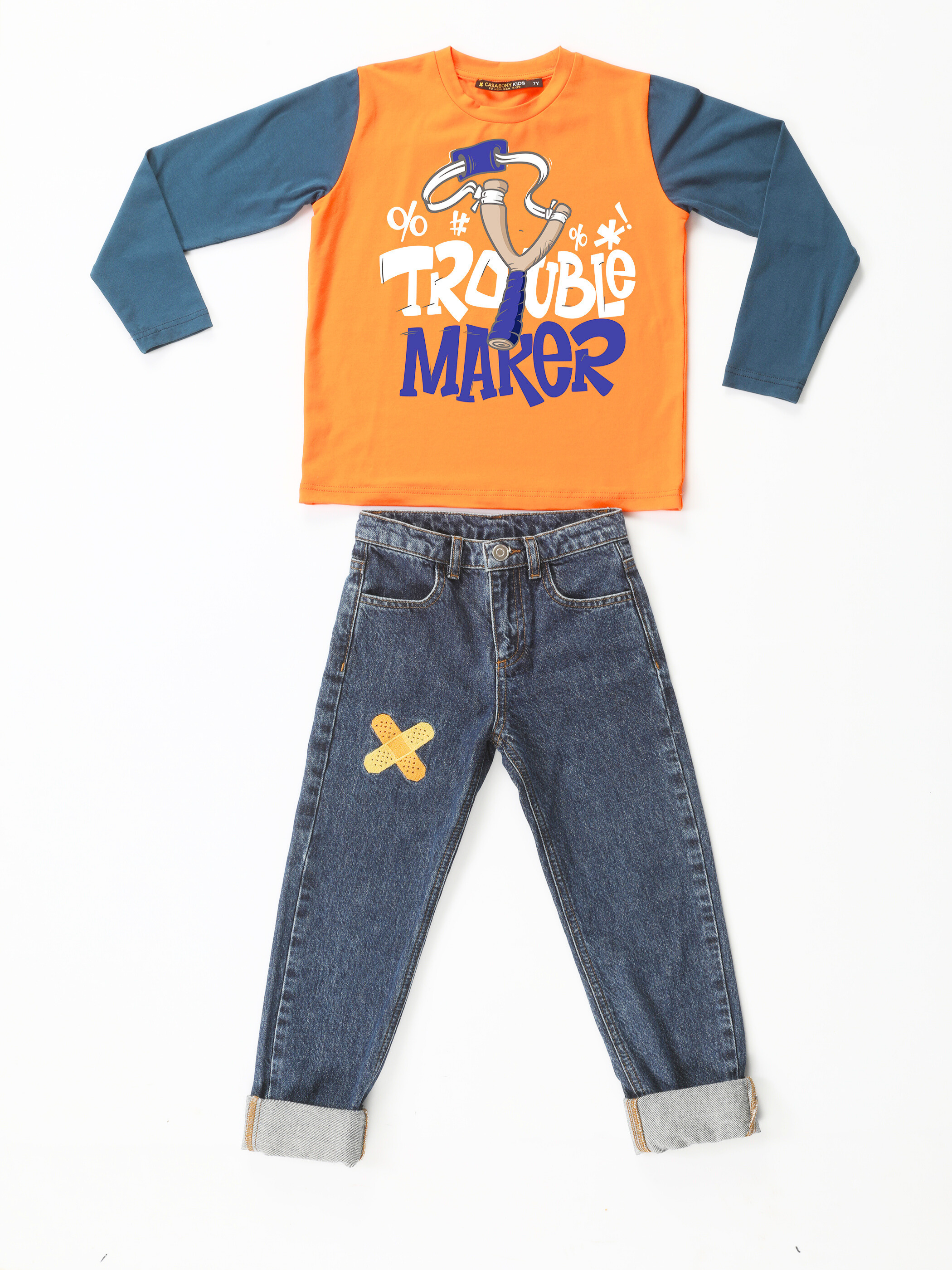 Trouble Maker Denim Pantolon +T-shirt Takım - Casabony Kids