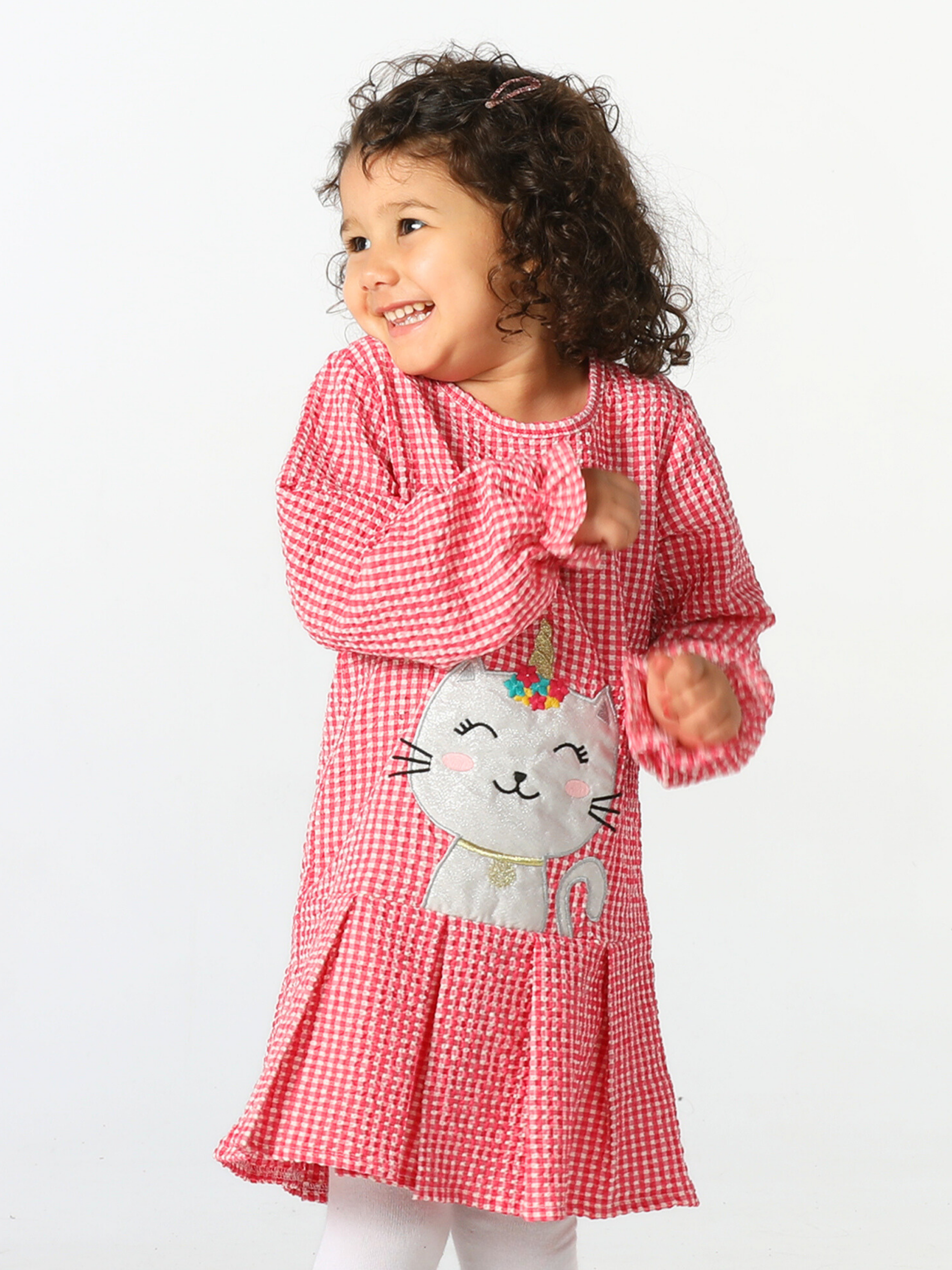 Uni-Cat Ekose Fırfırlı Kırmızı Kız Elbise - Casabony Kids