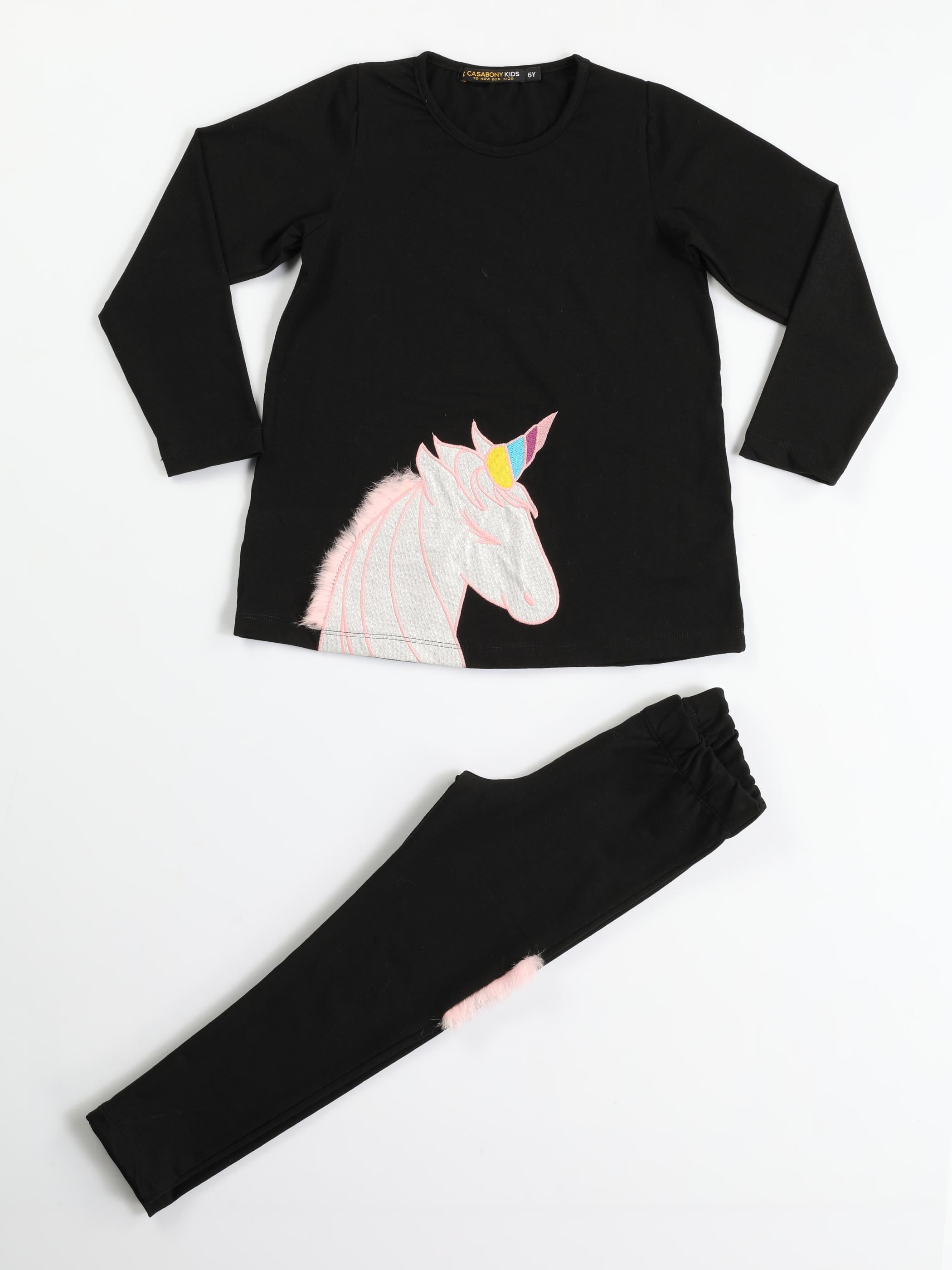 Unicorn 3 Boyutlu Siyah Kız Tunik + Tayt Takım - Casabony Kids