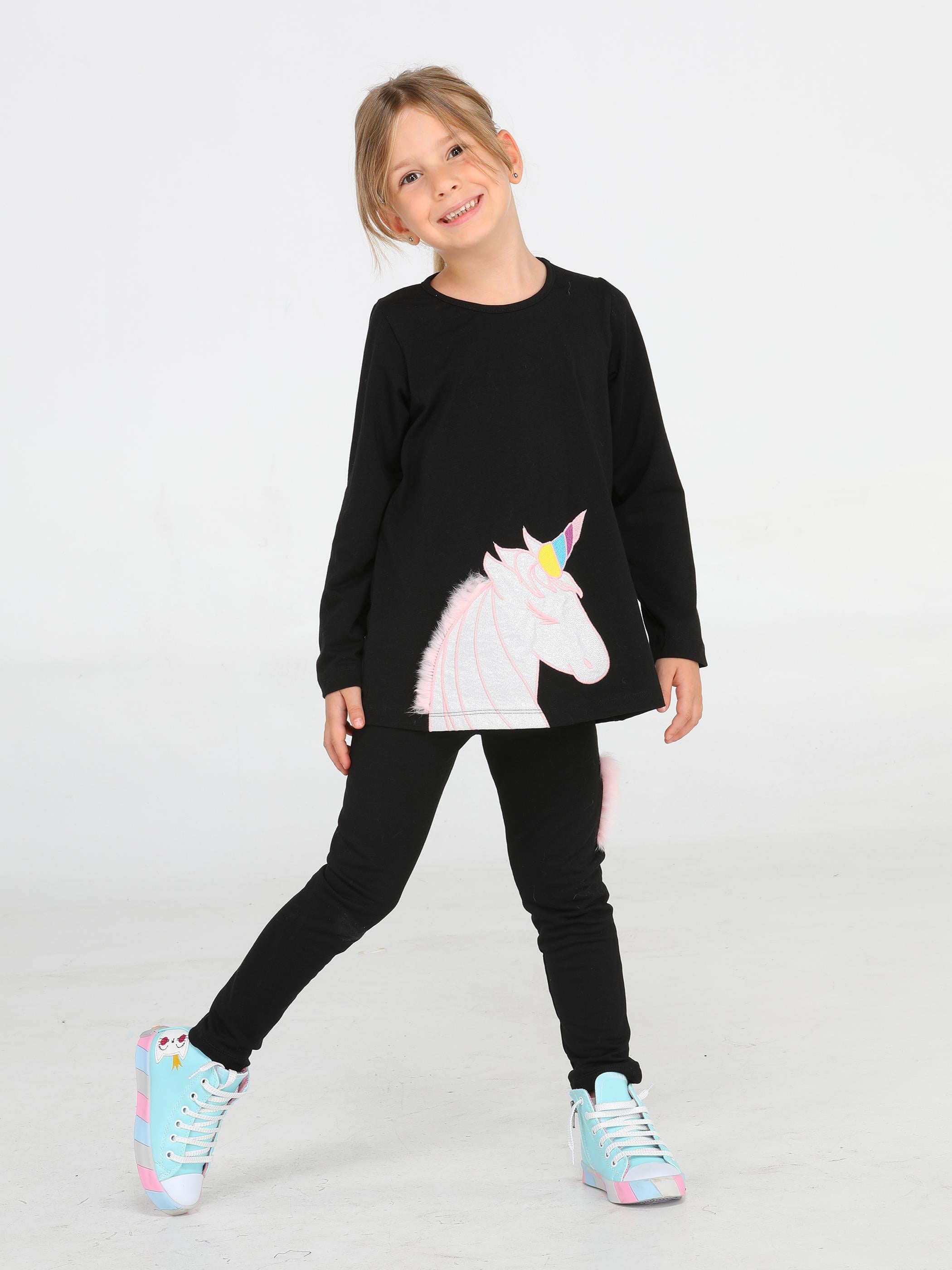 Unicorn 3 Boyutlu Siyah Kız Tunik + Tayt Takım - Casabony Kids