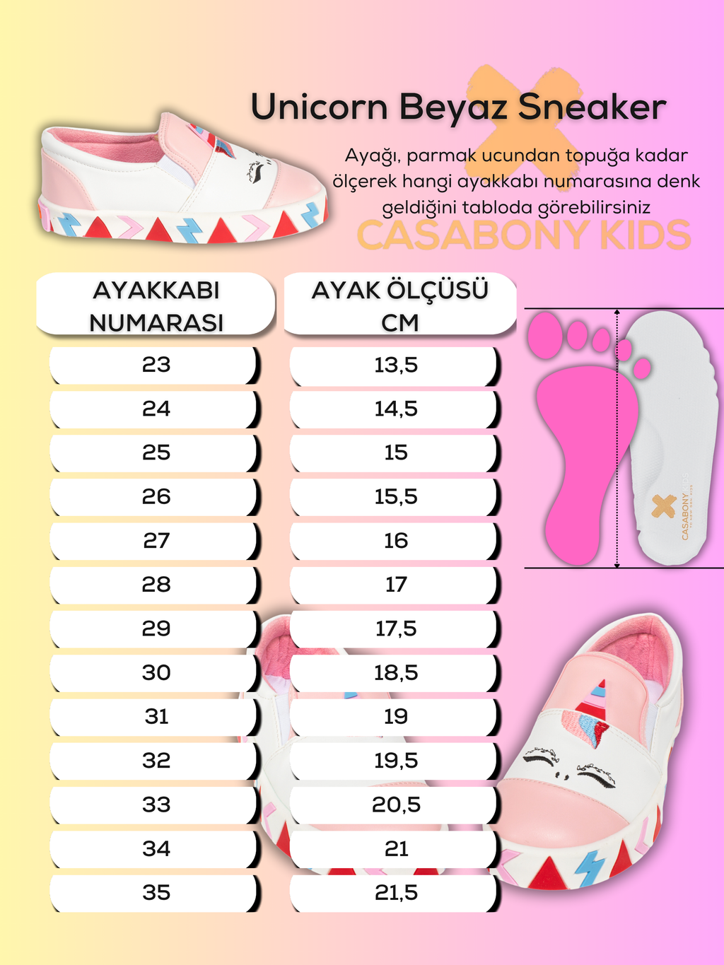 Unicorn Beyaz Lastikli Kız Sneakers - Casabony Kids