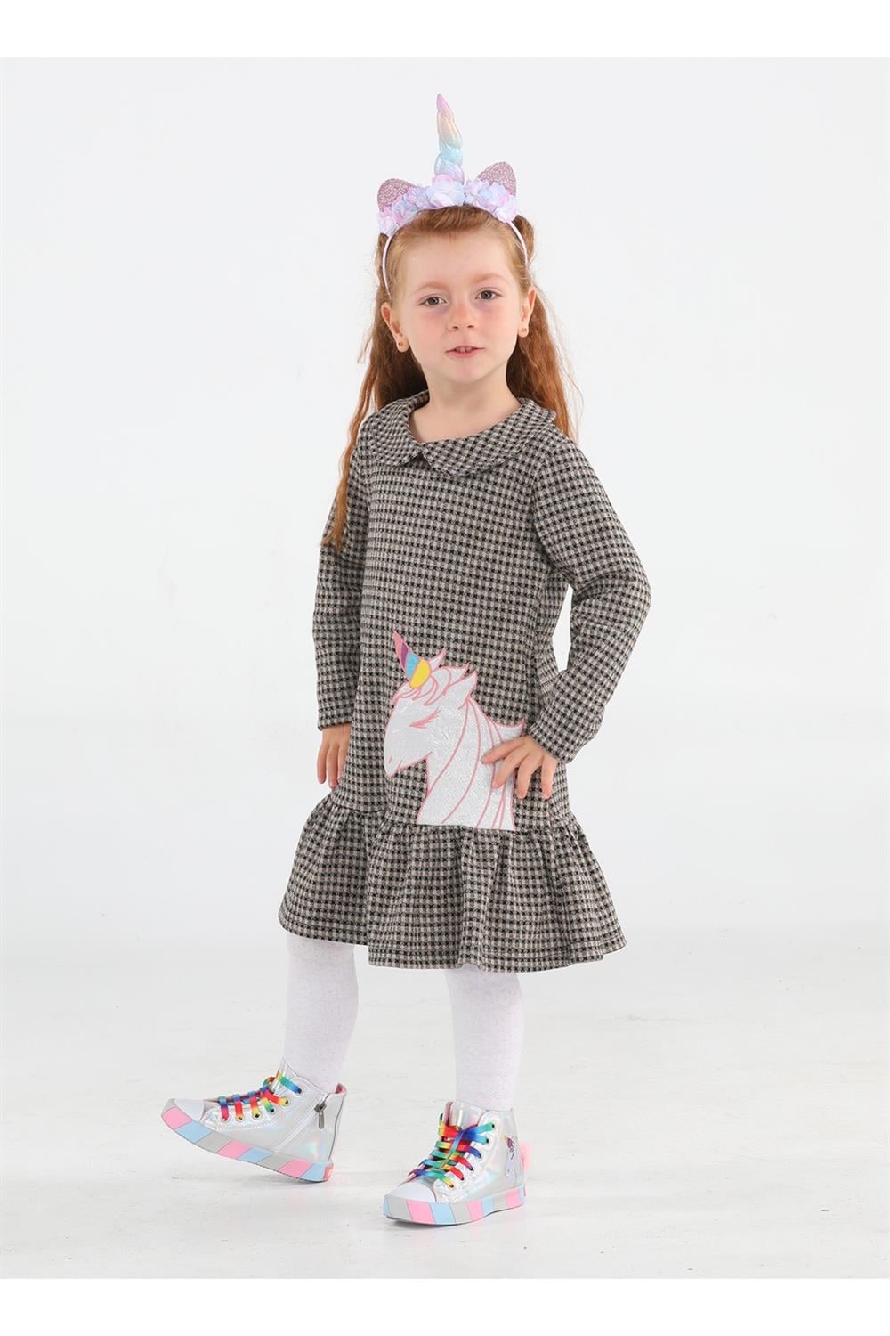 Unicorn Ekose Fırfırlı Kız Çocuk Elbise - Casabony Kids