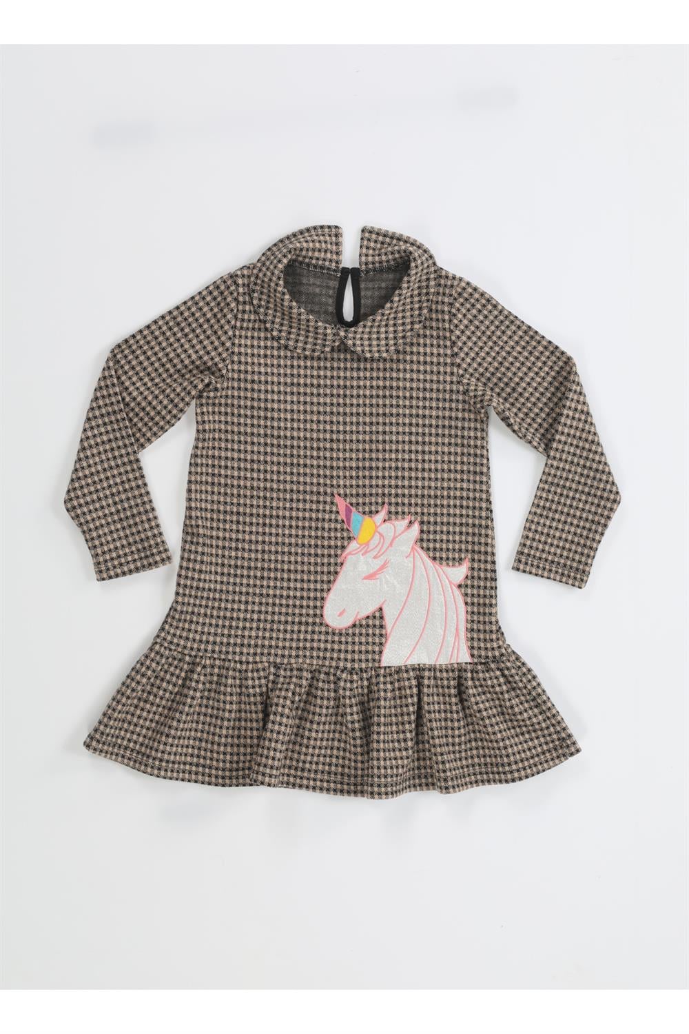 Unicorn Ekose Fırfırlı Kız Çocuk Elbise - Casabony Kids