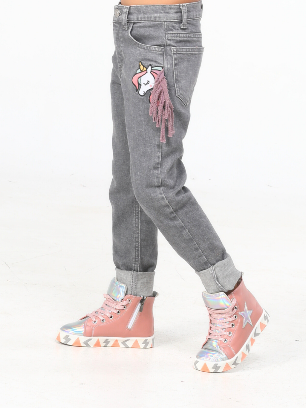 Unicorn Grey Washed Kız Jeans - Casabony Kids
