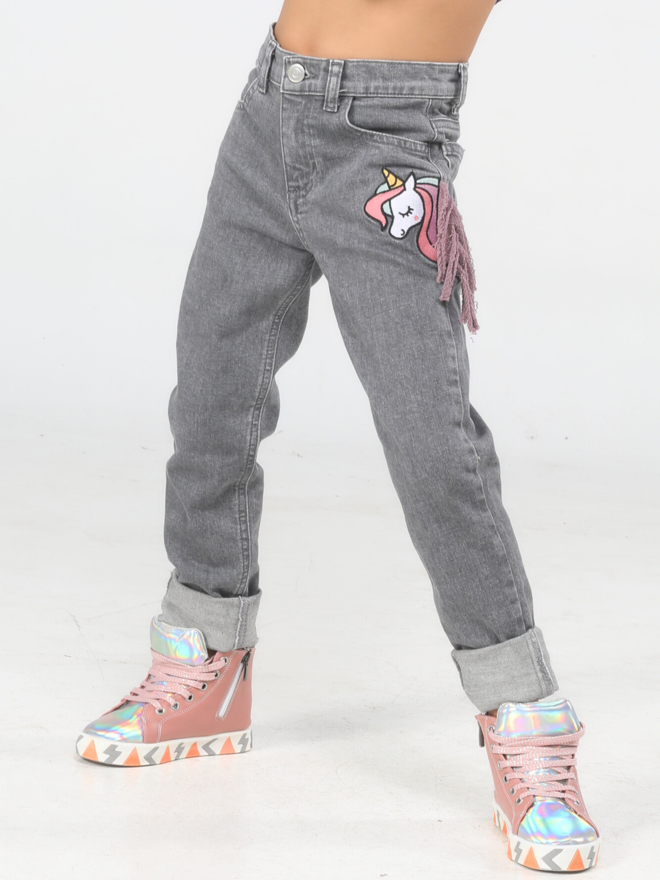 Unicorn Grey Washed Kız Jeans - Casabony Kids
