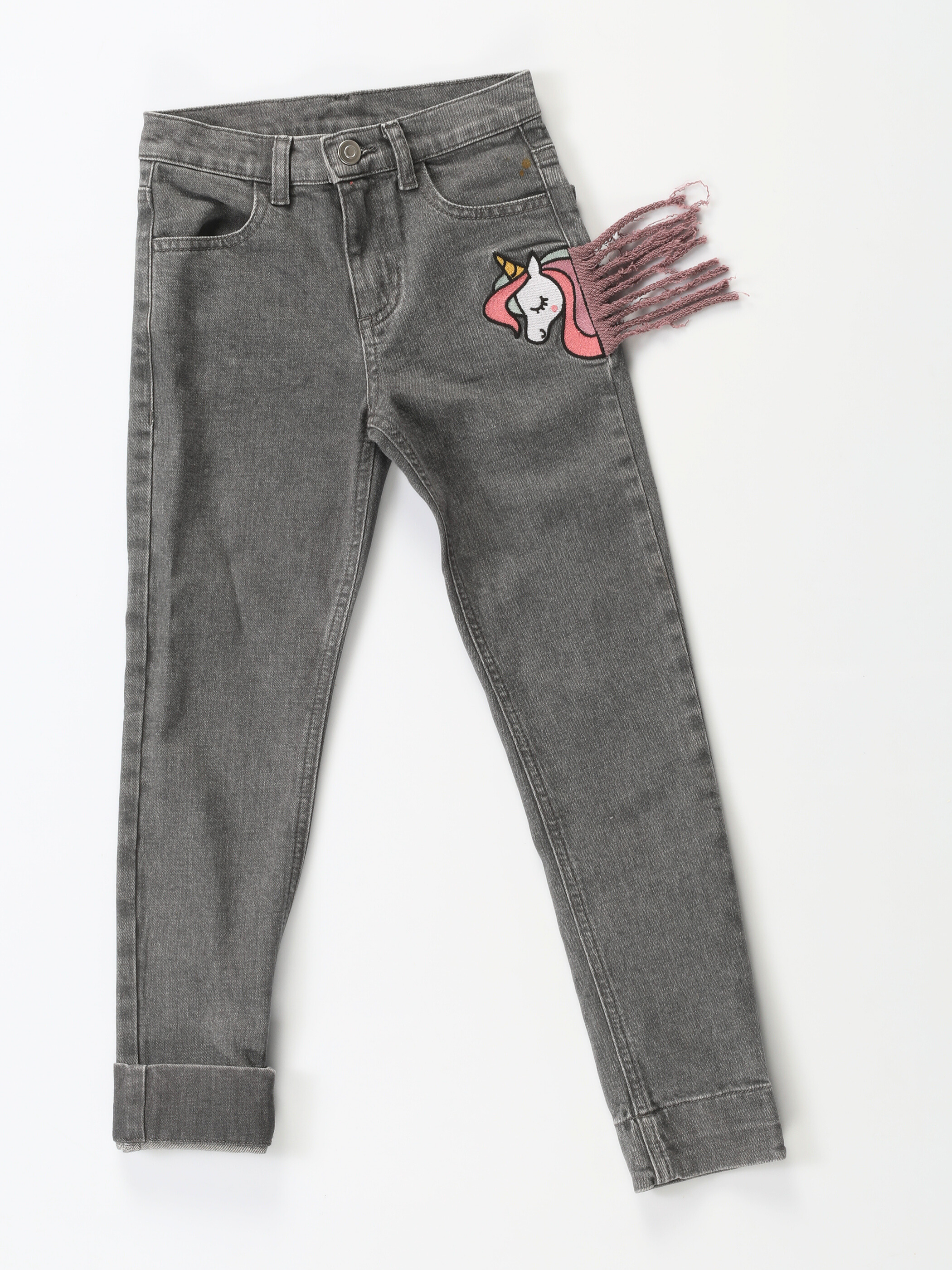 Unicorn Grey Washed Kız Jeans - Casabony Kids