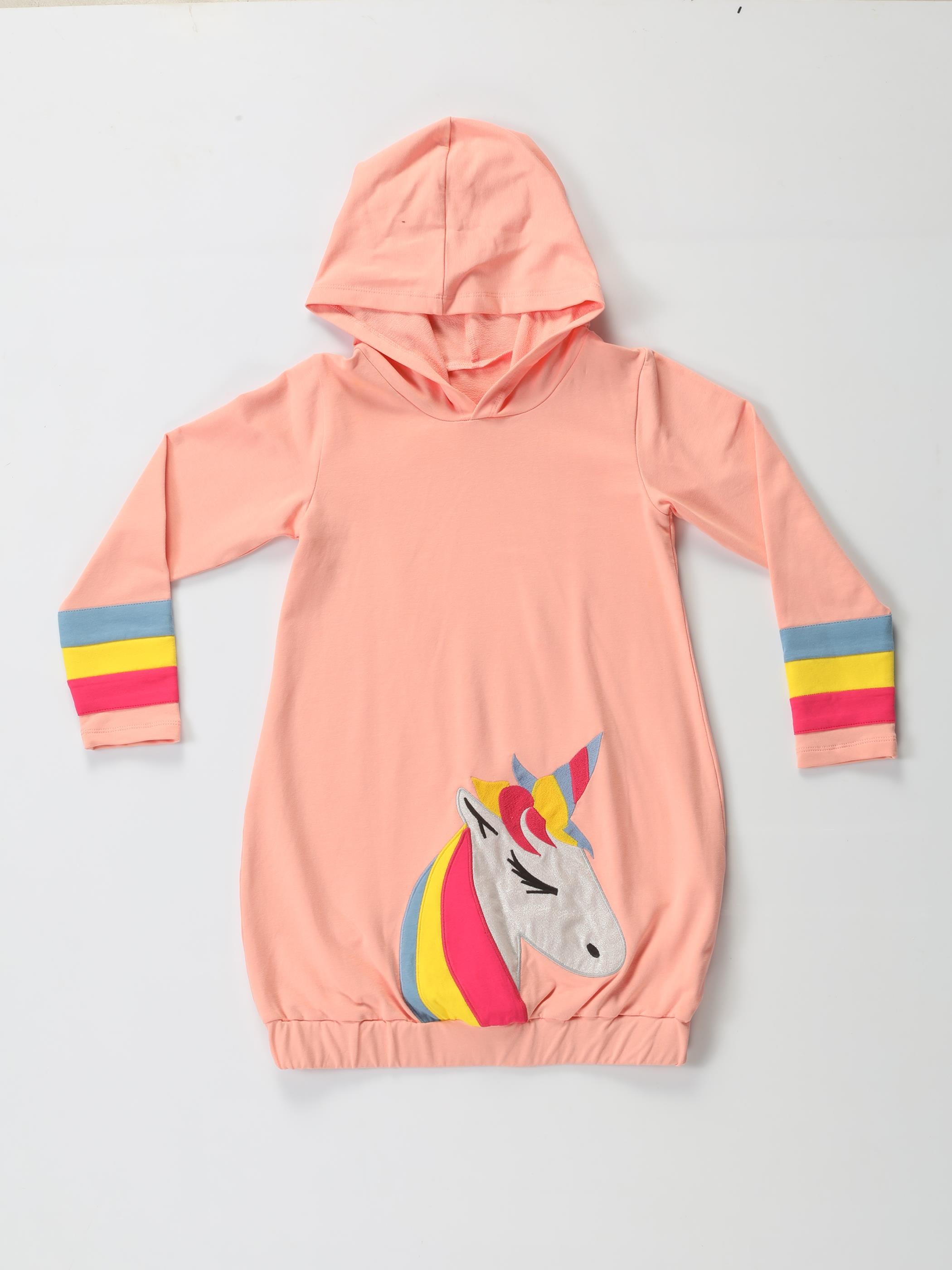 Unicorn Kolları Renkli Hoodie Kız Çocuk Elbise - Casabony Kids