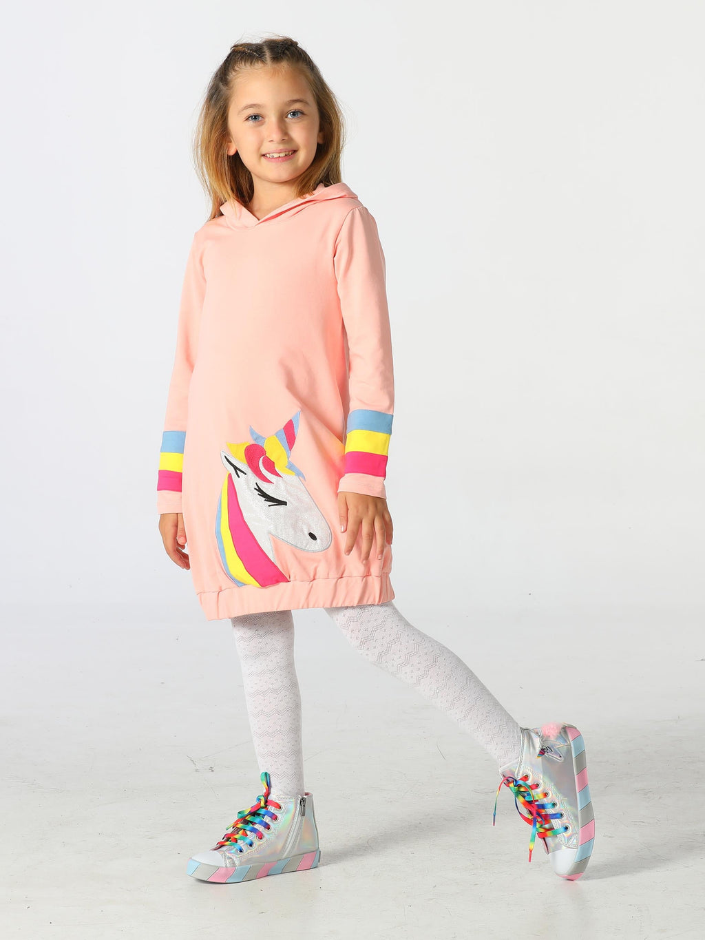 Unicorn Kolları Renkli Hoodie Kız Çocuk Elbise - Casabony Kids