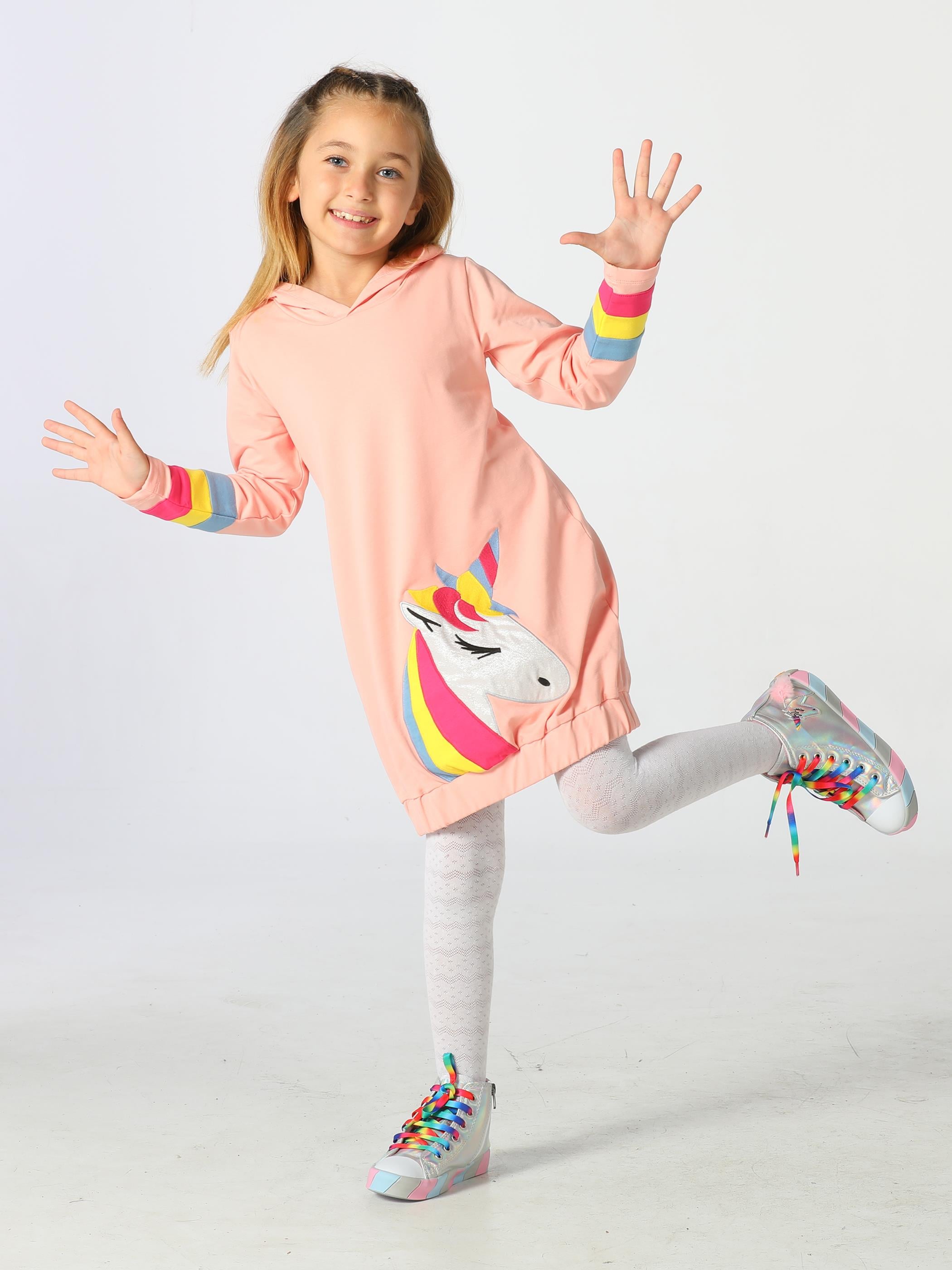 Unicorn Kolları Renkli Hoodie Kız Çocuk Elbise - Casabony Kids