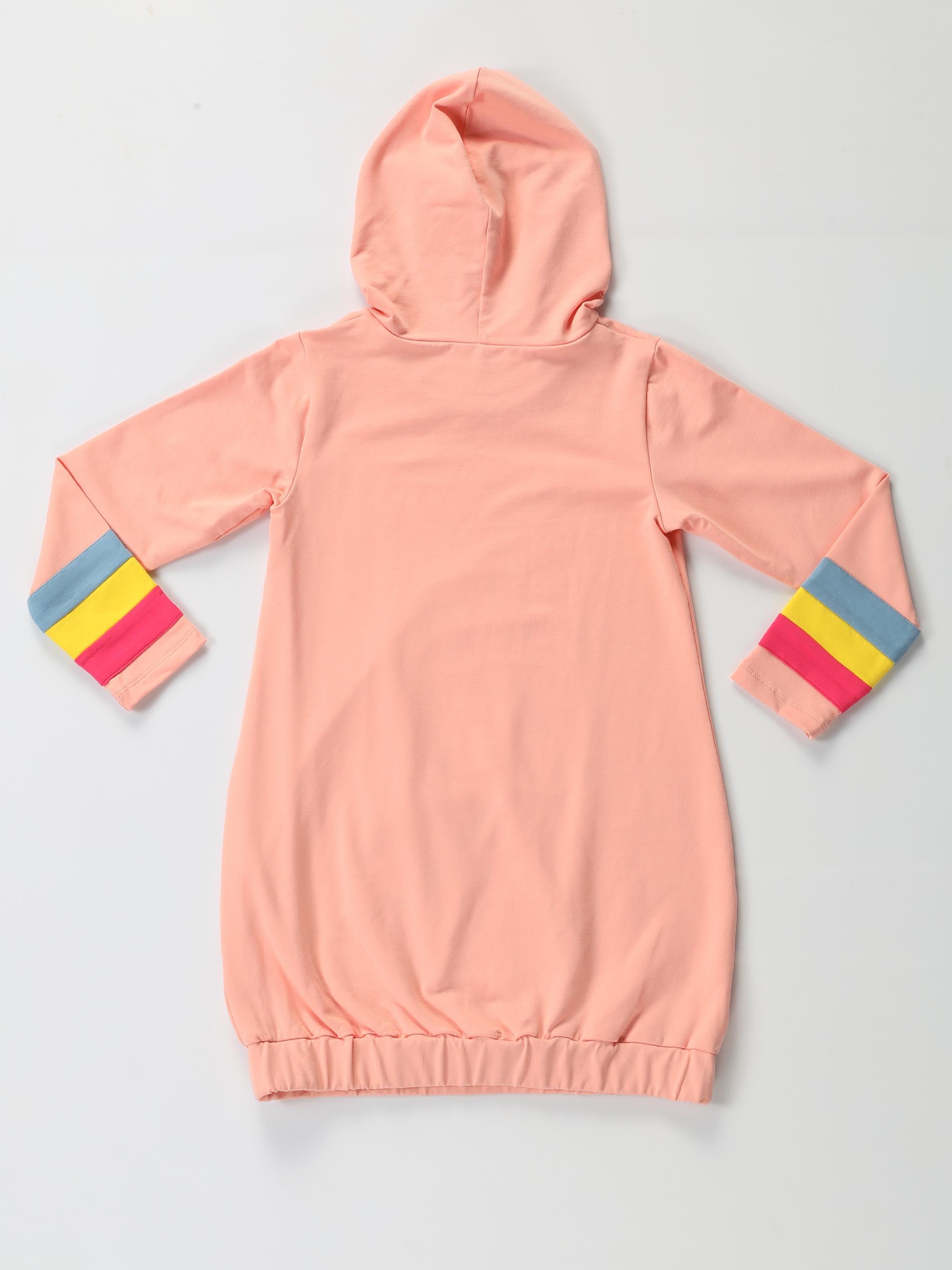 Unicorn Kolları Renkli Hoodie Kız Çocuk Elbise - Casabony Kids