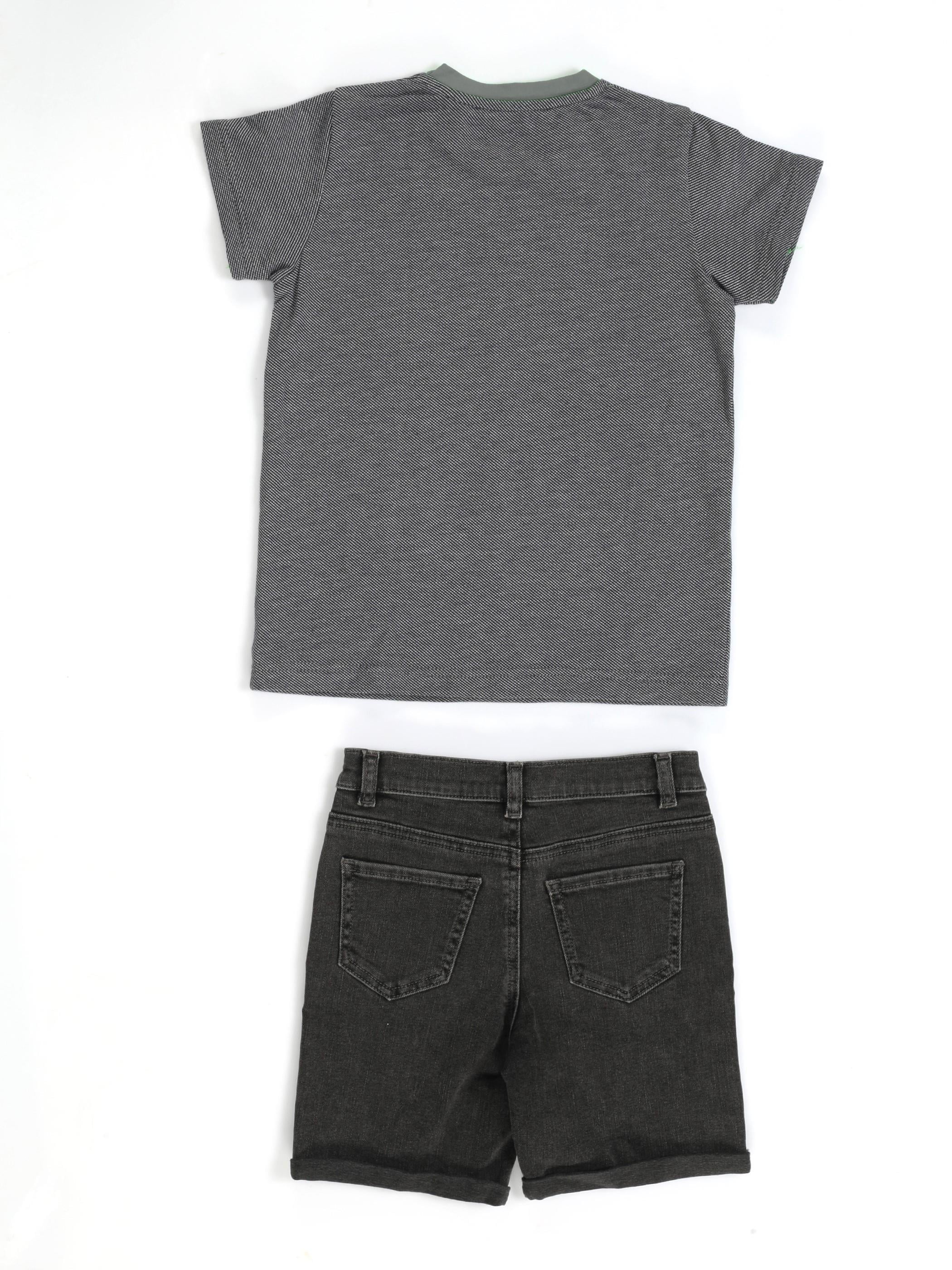 Wild Dino Gri Denim Şort + T-Shirt Takım - Casabony Kids