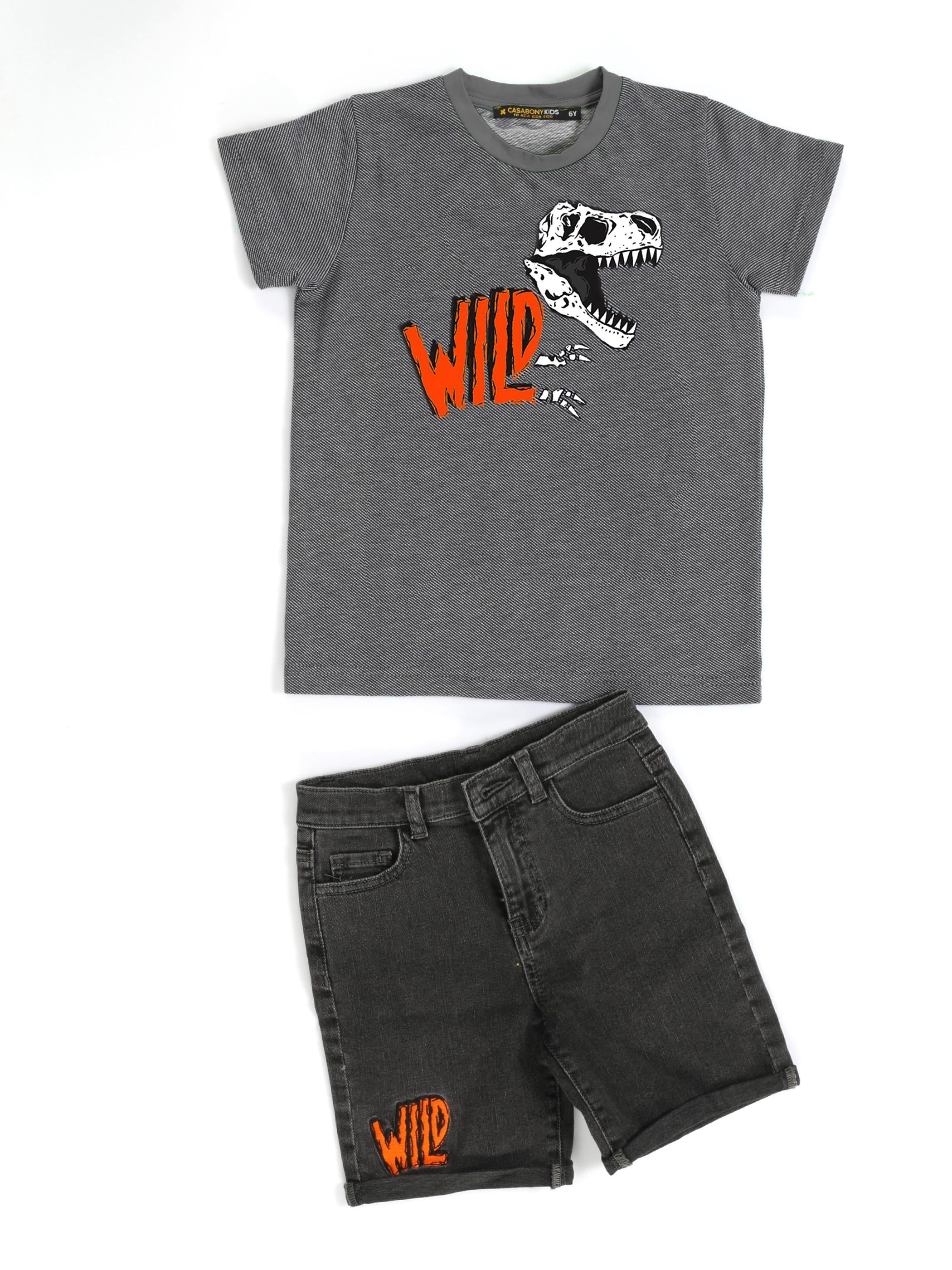 Wild Dino Gri Denim Şort + T-Shirt Takım - Casabony Kids