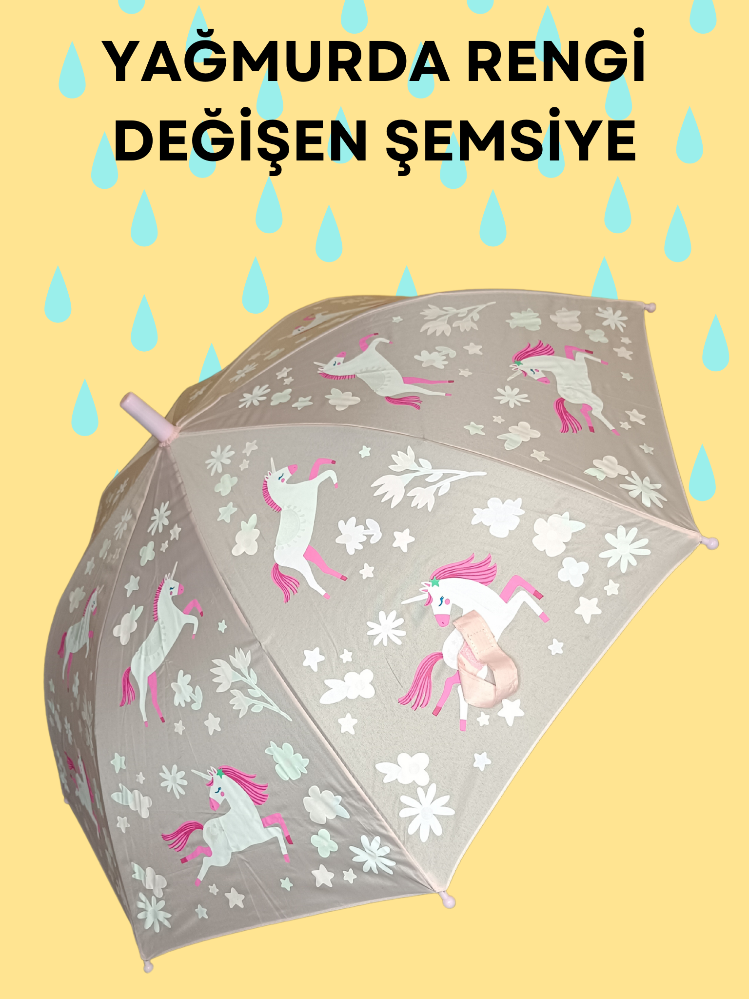 Yağmurda Rengi Değişen Toz Pembe Kız Çocuk Şemsiye - Casabony Kids