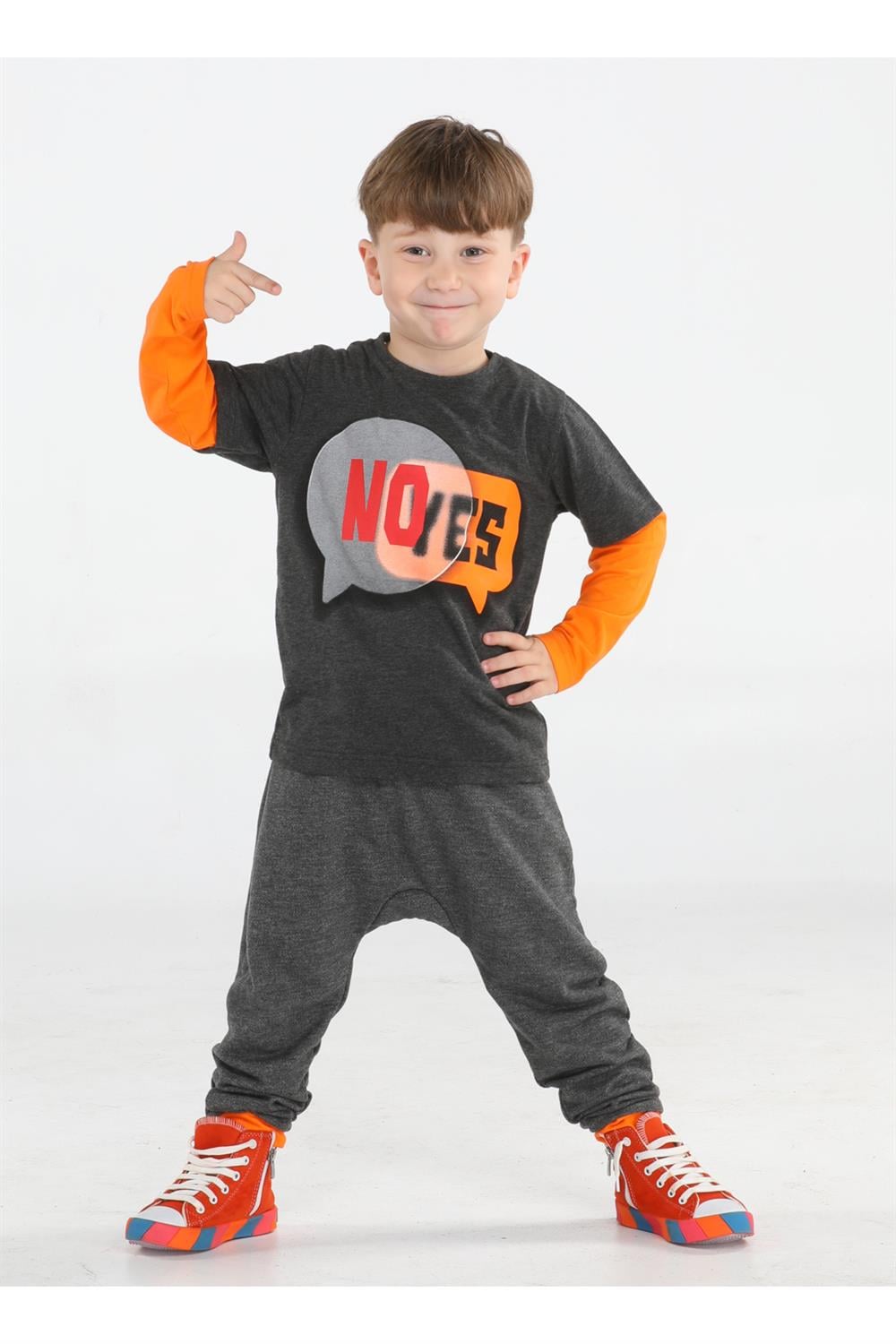 Yes No Antrasit Baggy Pantolon + T-shirt Takım - Casabony Kids