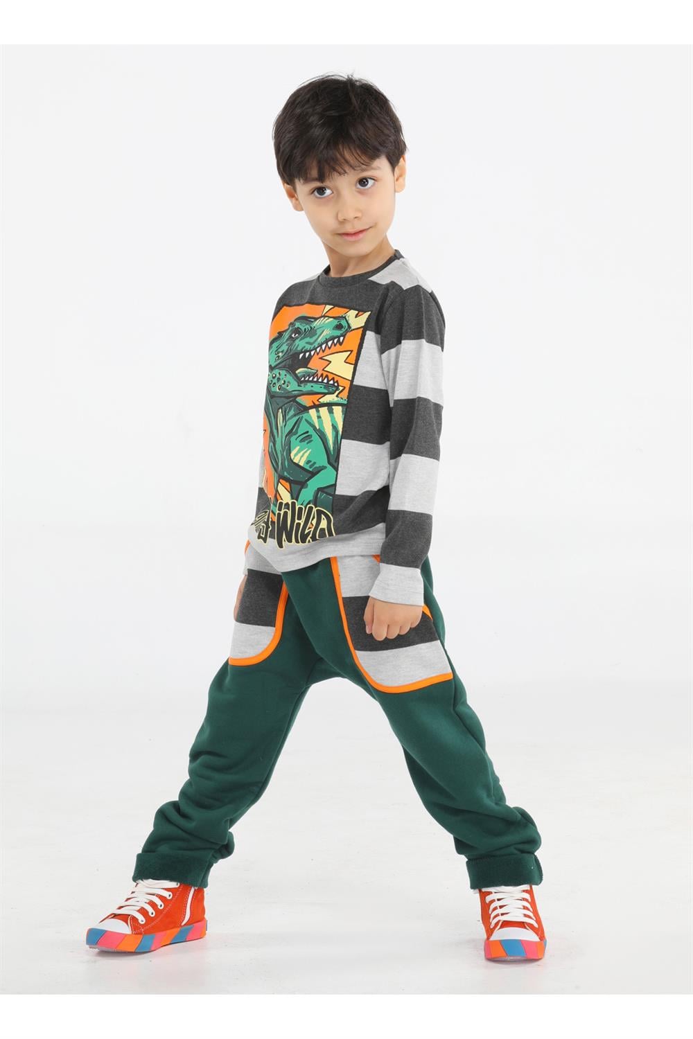 Yeşil T-rex Cepli Baggy Pantolon + T-shirt - Casabony Kids