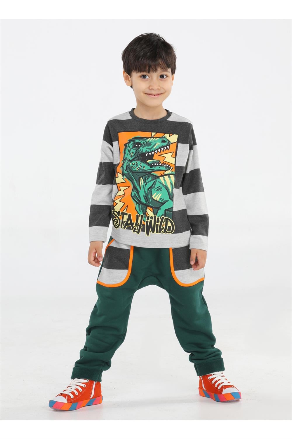 Yeşil T-rex Cepli Baggy Pantolon + T-shirt - Casabony Kids