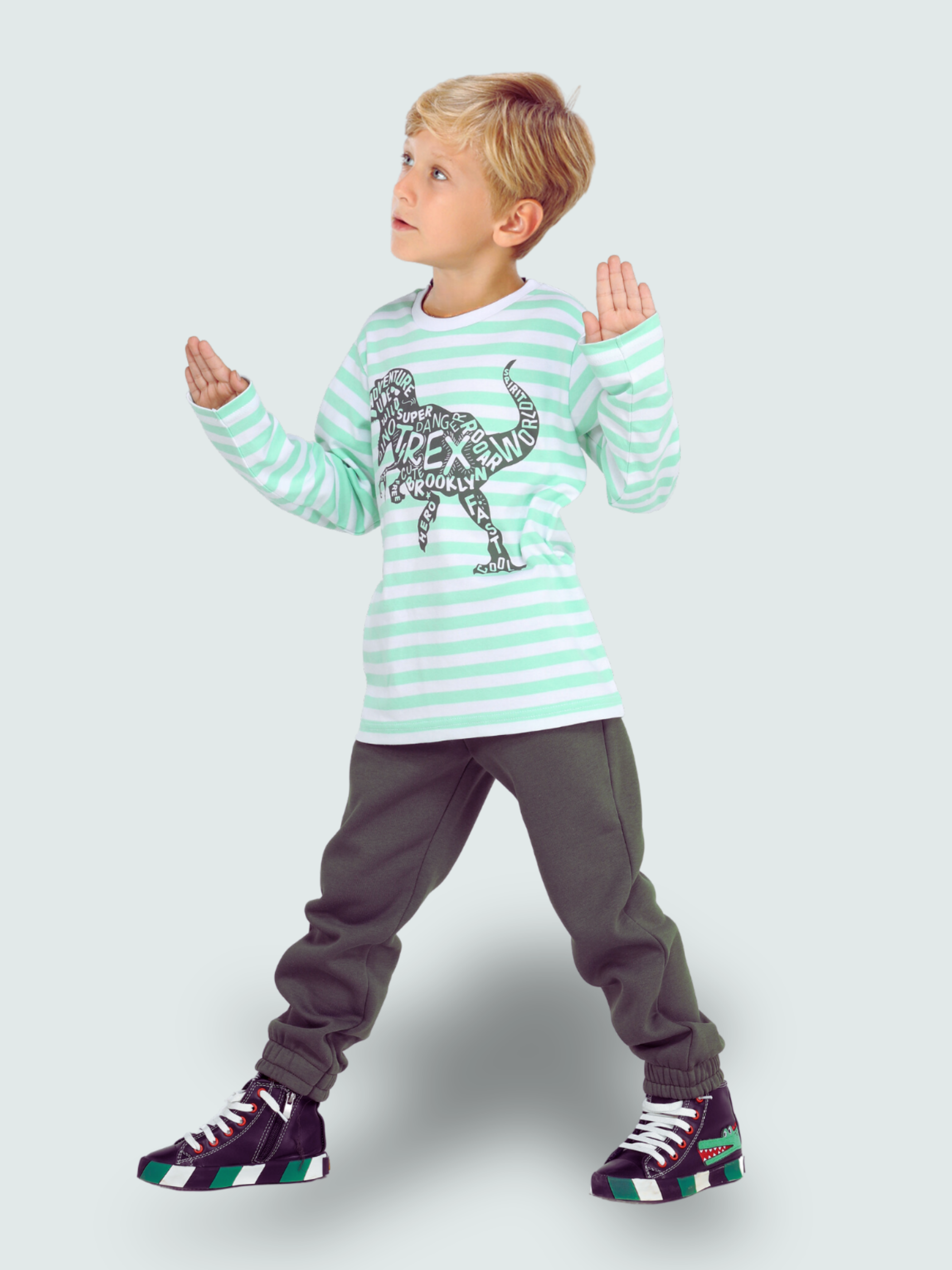 Yeşil Yazılı Dino Jogger +T-shirt Takım - Casabony Kids