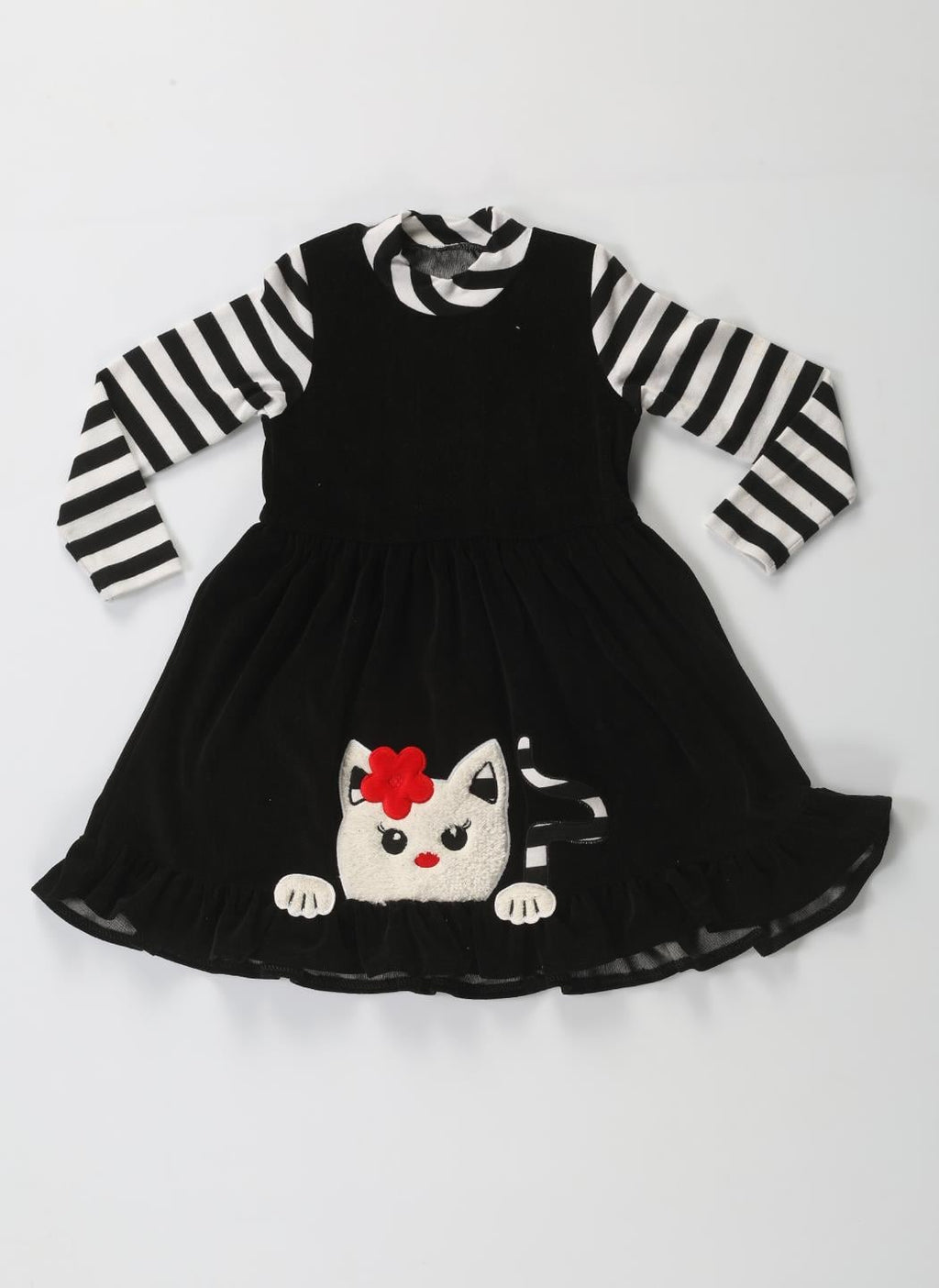 Yumoş Çizgili Siyah Kız Çocuk Elbise - Casabony Kids