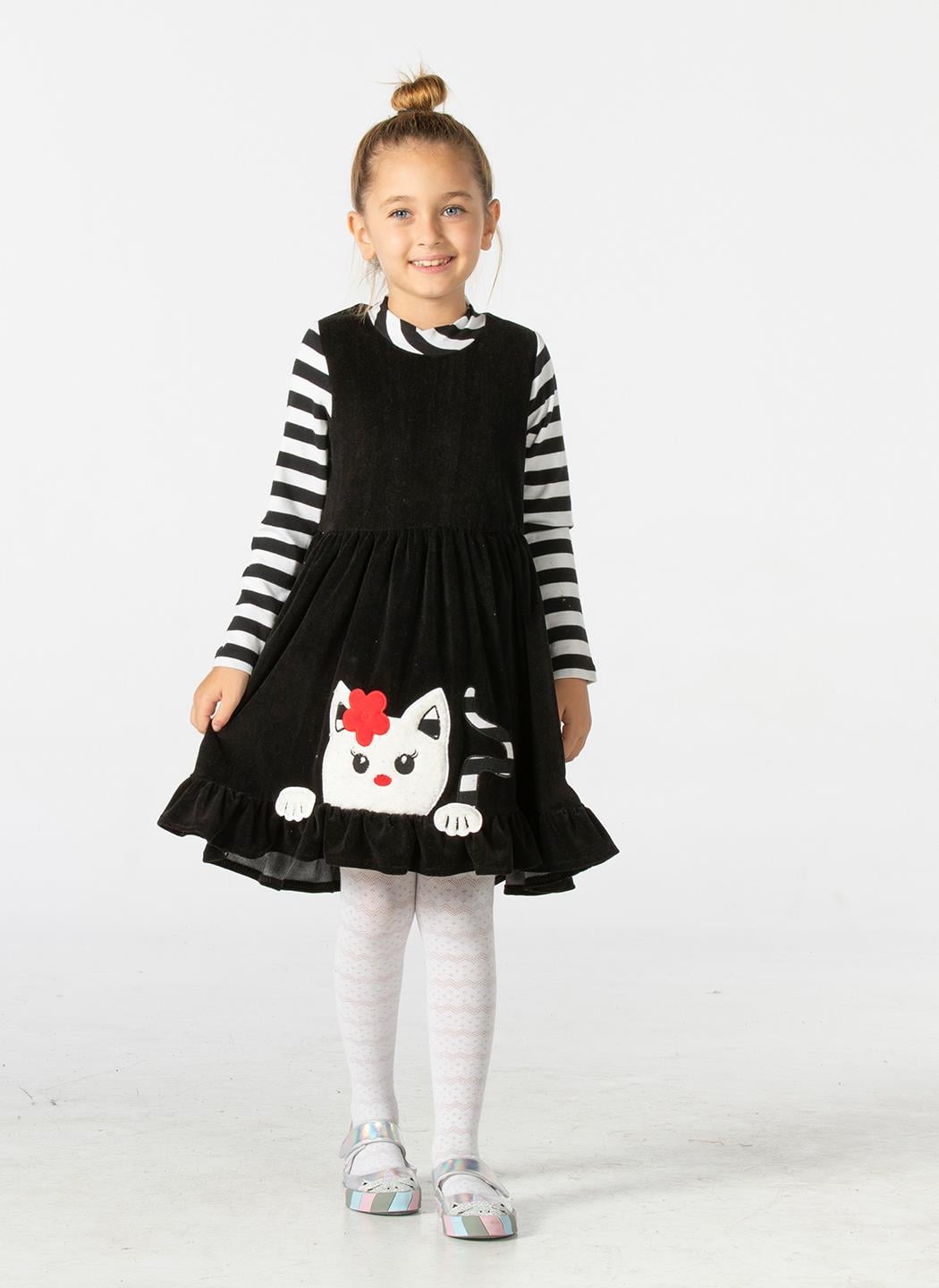 Yumoş Çizgili Siyah Kız Çocuk Elbise - Casabony Kids